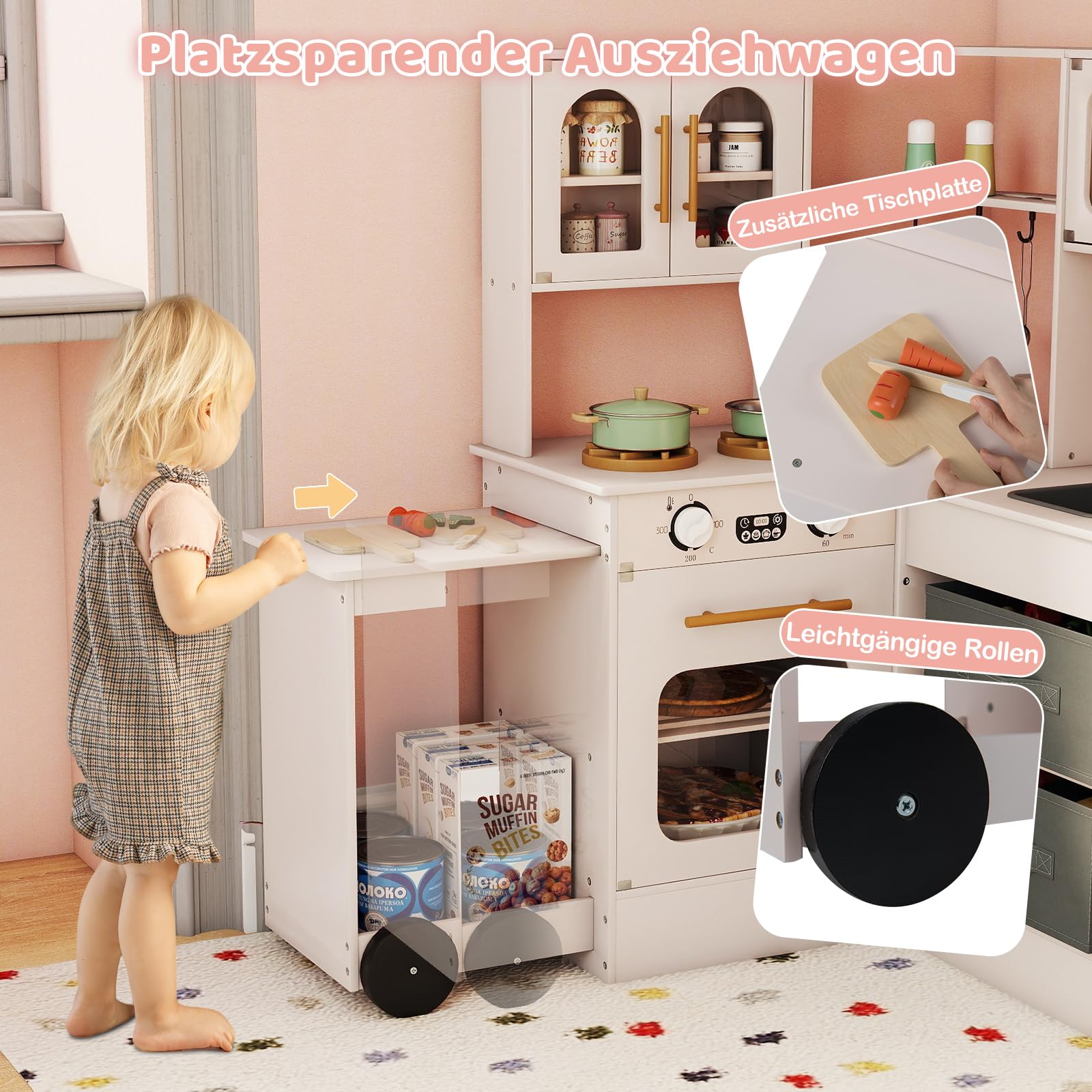 GOPLUS Kinderküche, Spielküche Holz mit Licht & Sound, Eck Puppenküche mit ausziehbarem Wagen, Stoffkörben, Spüle, Herd, Kühlschrank, Ofen & Zubehör, Spielzeugküche für Kinder ab 3 Jahren (Rosa)