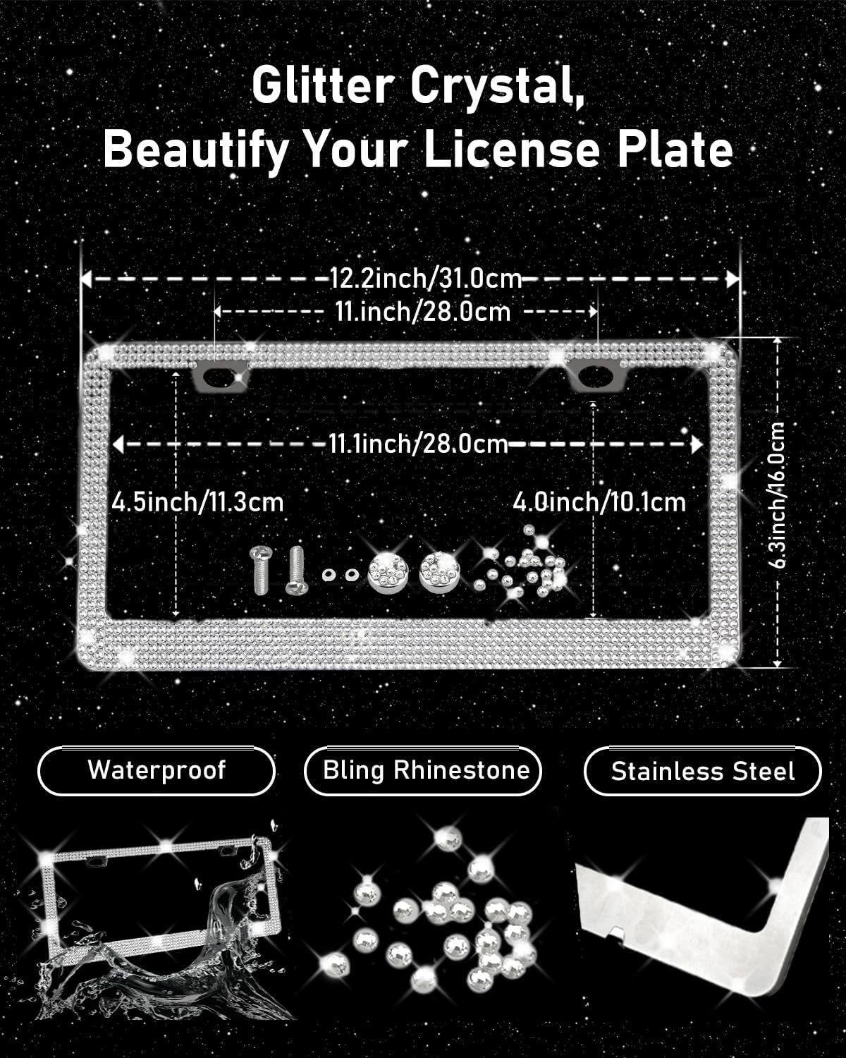 Belinous 27 PCs Bling Car Accessories for Women, Girl Car Accessories for Interior, Bling Steering Wheel Cover 14.5-15in, Bling License Plate Frame, Bling Phone Holder, Cup Coasters (Silver Diamond)