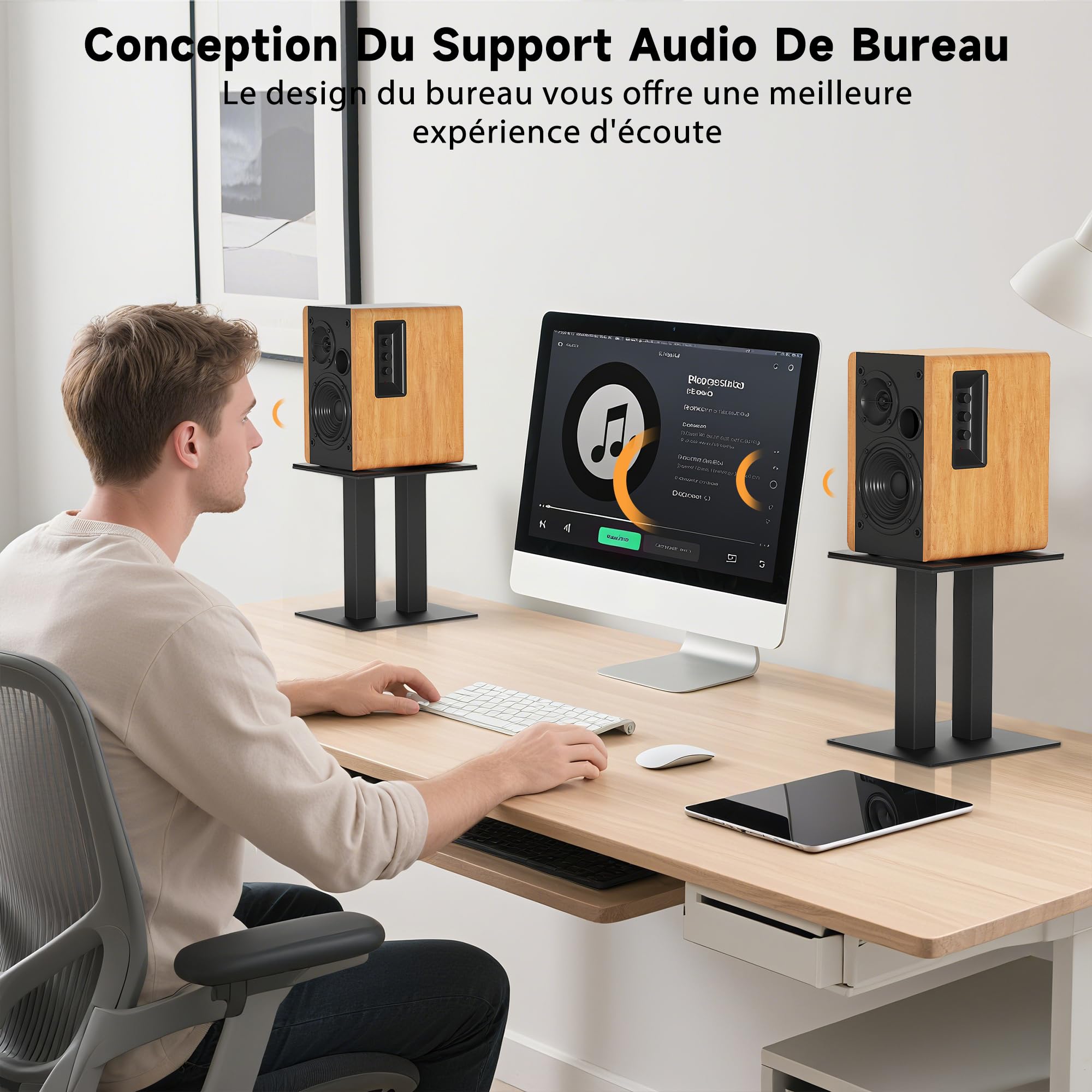 OUUTMEE Lot de 2 Supports d'Enceinte de Bureau, Pieds d'Enceintes en Métal Universels, Supports pour Haut-Parleurs d'Ordinateur et de Bibliothèque, Jusqu'à 13KG (Grande)