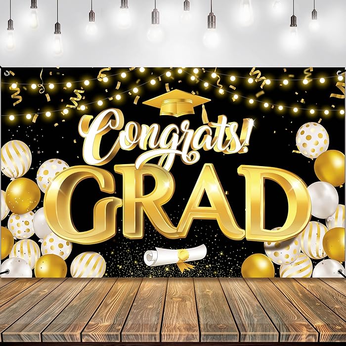 Buy Big, Congrats Grad Banner 72x44 Inch, Black and Gold Graduation