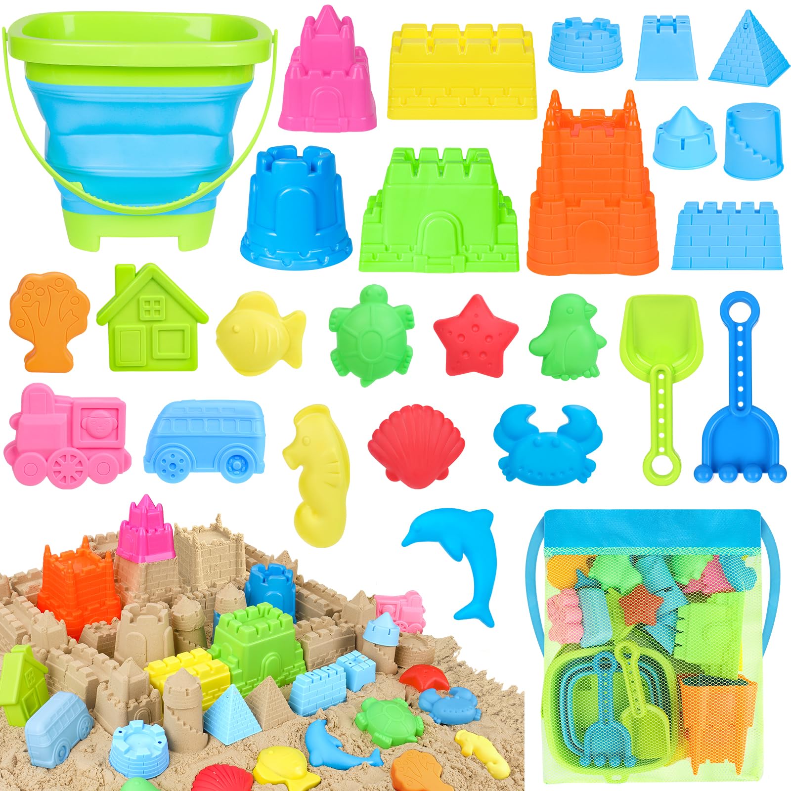 Collapsible Beach Toys Set for Kids Toddlers, Travel Sand Castle Toys for Beach with Mesh Bag & Sand Molds, Collapsible Sand Bucket and Shovel Set for Kids, Sandbox Toys for Toddlers Kids Age 3-12