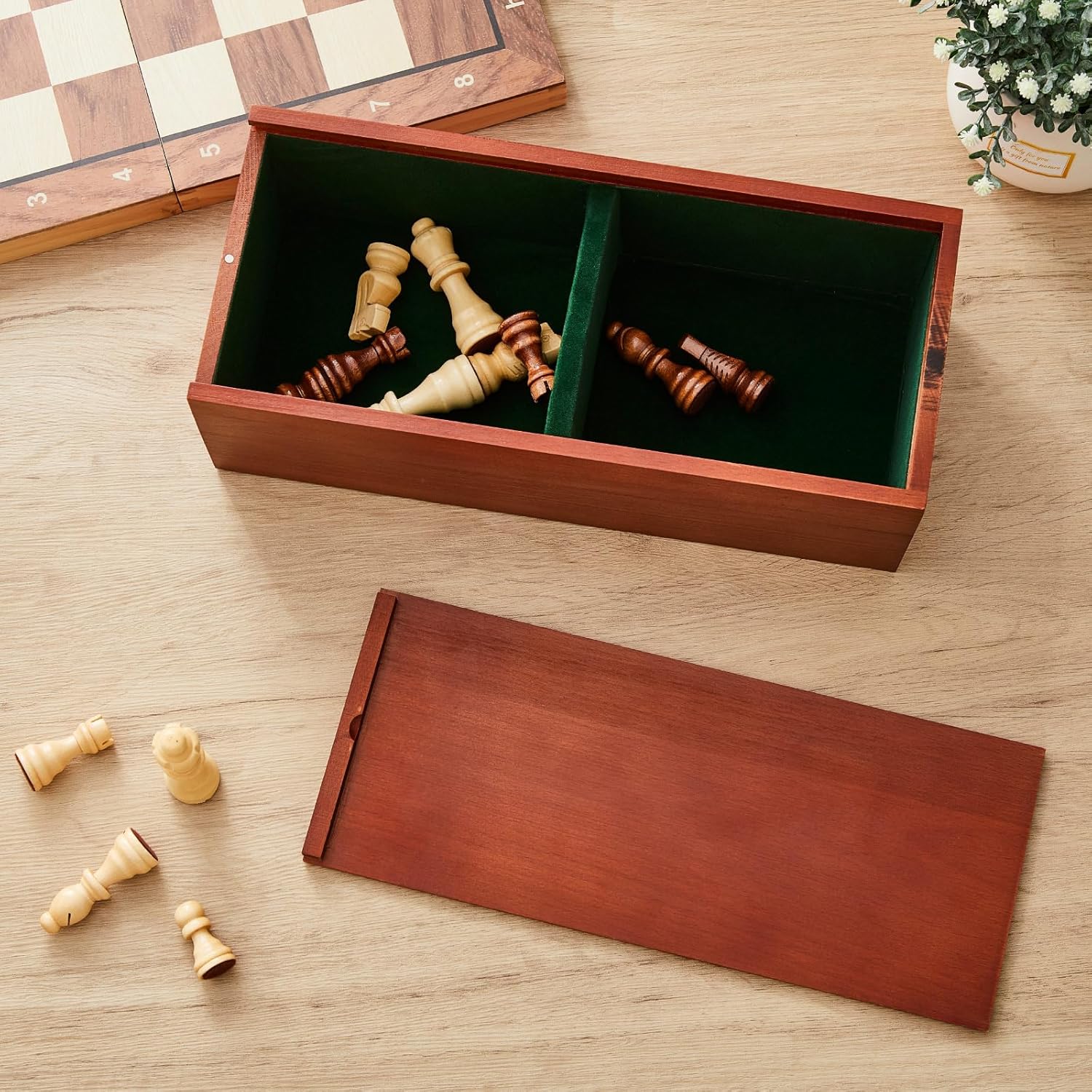 Heavy Slide-top Chess Pieces Storage Box Wooden Case Only 12.5 x 5.5 x 4 Inches with Flannel Lining with 2 Large Storage Compartments Hold a Set of Chess Pieces from 3.0" to 4.4"