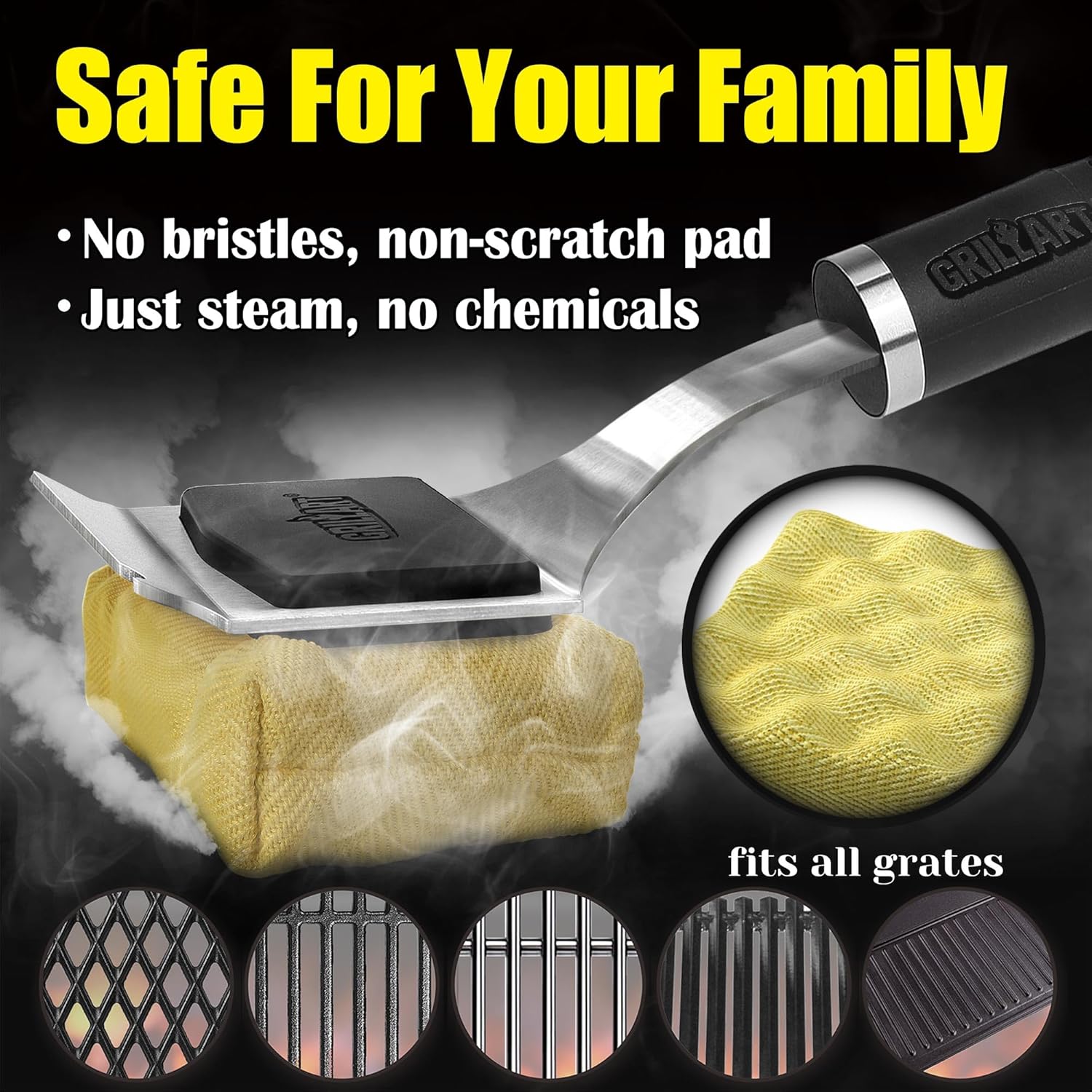 GRILLART Grill Brush Bristle Free Safe Steam Cleaning Tool, Replaceable Head for Any Grate Type - 17” Long Handle w/One-Fit-All Scraper - BBQ Accessories Cleaner for Outdoor Grill - Gifts for Men/Dad