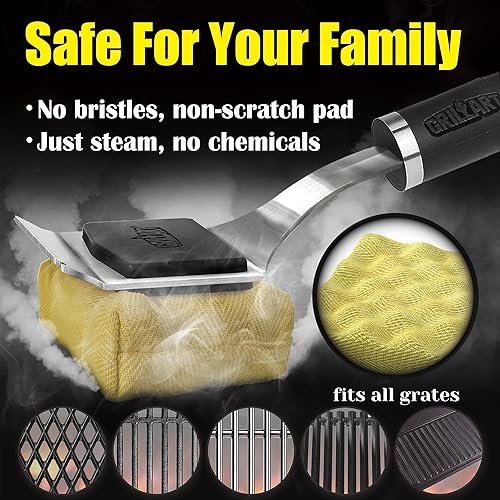 Miniatura 2 de GRILLART Cepillo de parrilla sin cerdas, herramienta de limpieza de vapor segura, cabezal reemplazable para cualquier tipo de rejilla, mango largo