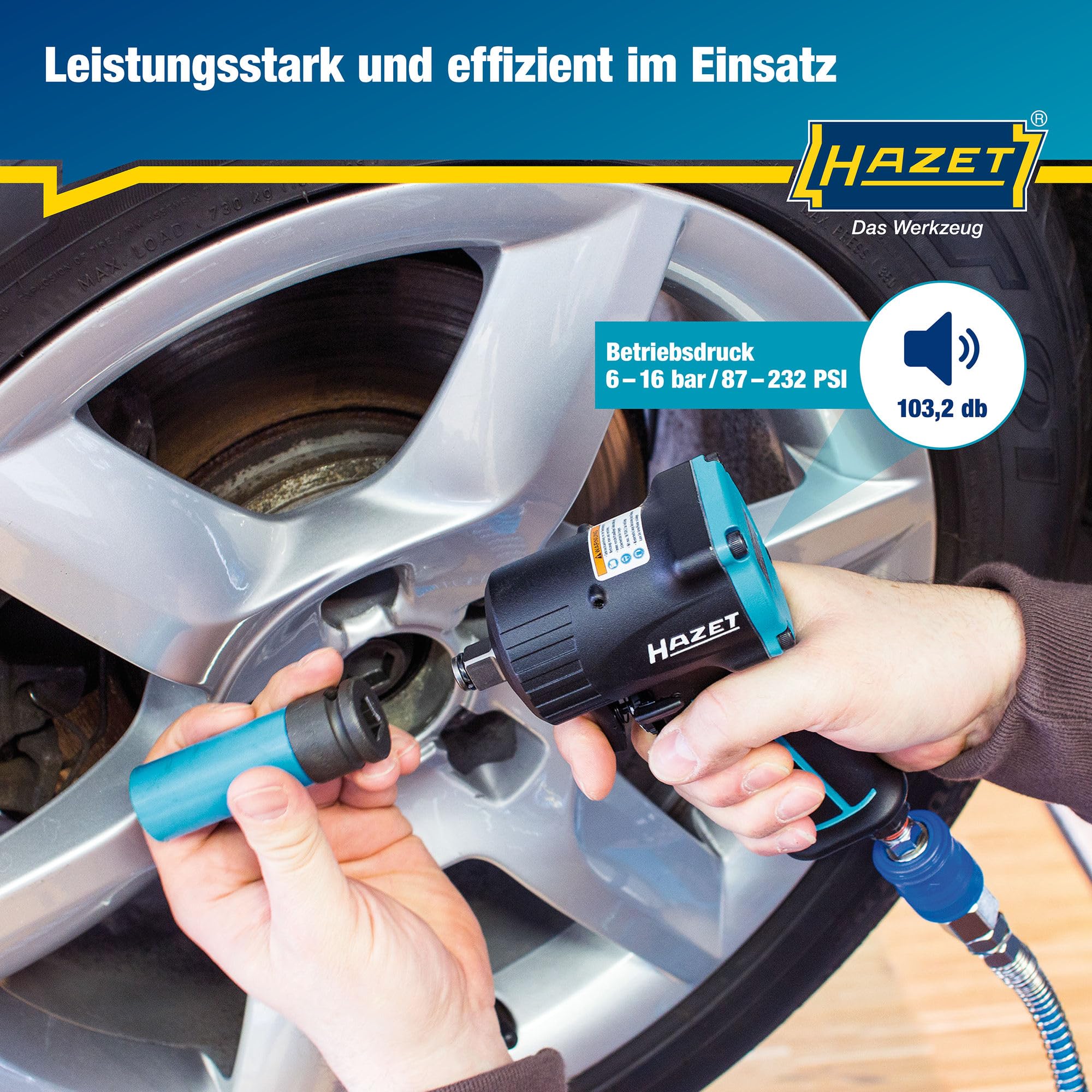 Hazet Druckluft-Schlagschrauber 9012M-1 I extra kurz - nur 80 mm, Max. Lösemoment: 1200 Nm, Vierkant 12,5 mm (1/2 Zoll), Betriebsdruck: 6,3 Bar I kompakte Bauweise für Arbeiten in beengten Räumen