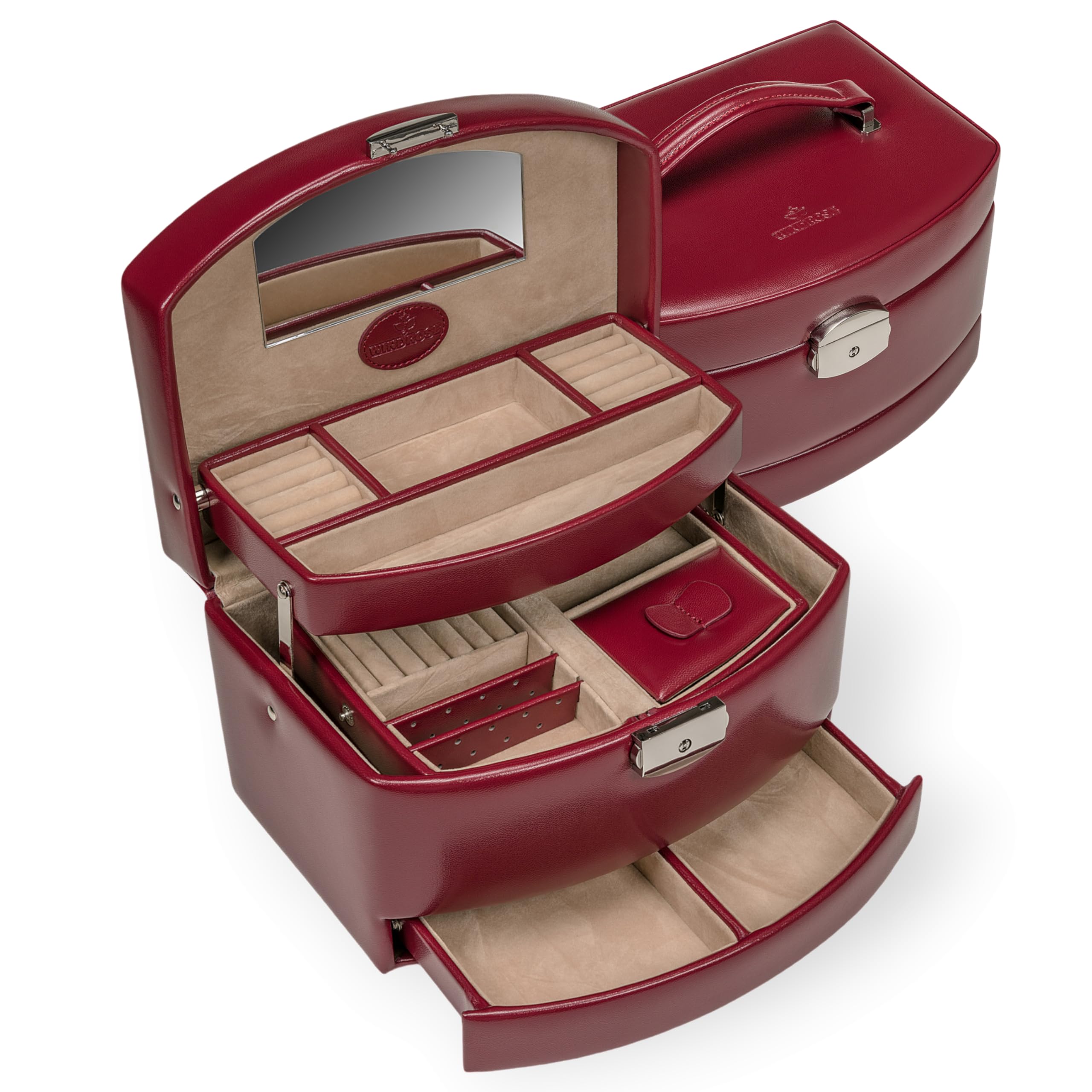 Windrose Automatik-Schmuckkoffer mit Reiseeinsatz/Merino Moda (rot-legacy)