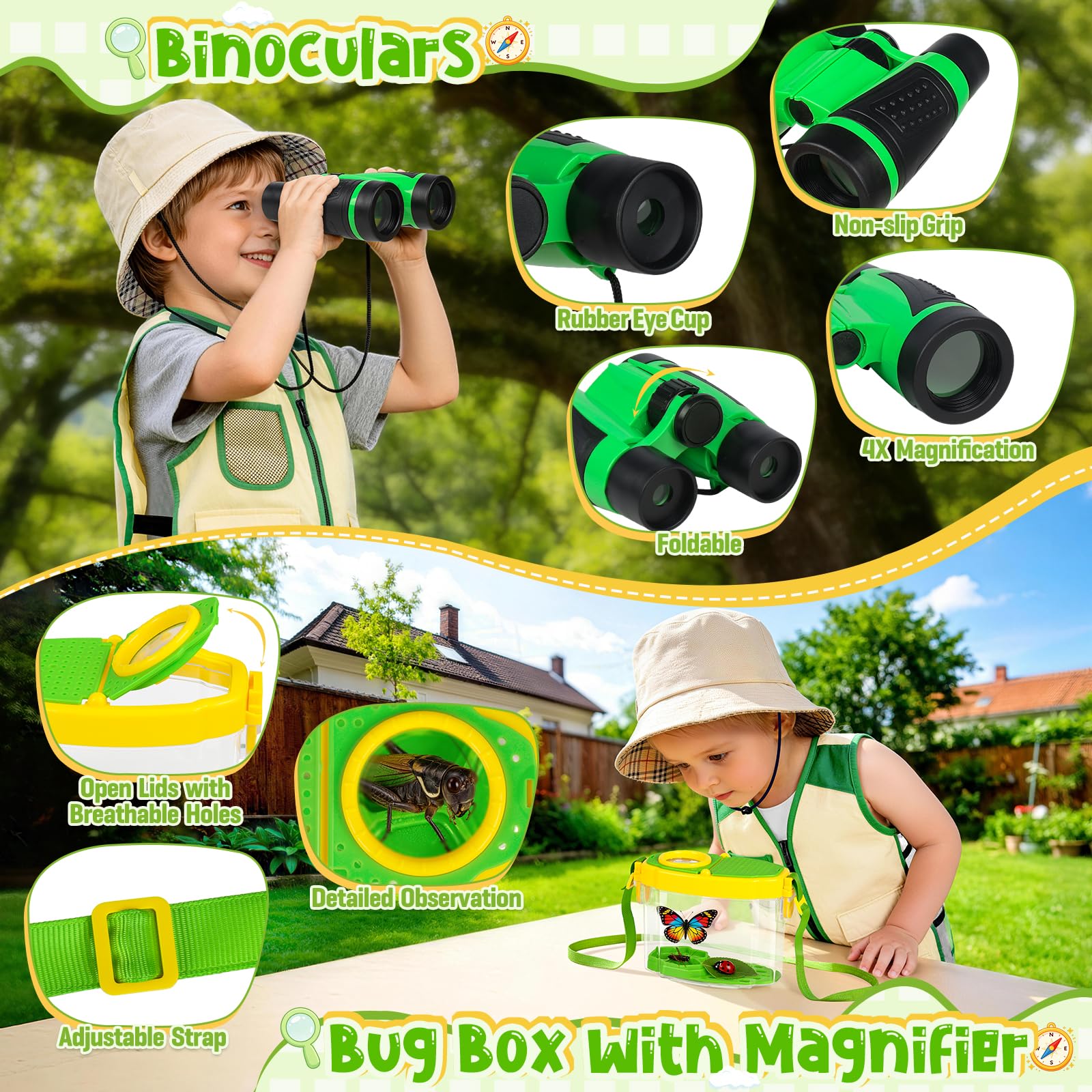 Meaicezli Kit de explorador para niños y atrapasueños, disfraz de safari con equipo de senderismo para niños, prismáticos, faro, hábitat de insectos, exploración al aire libre para camping, aventura