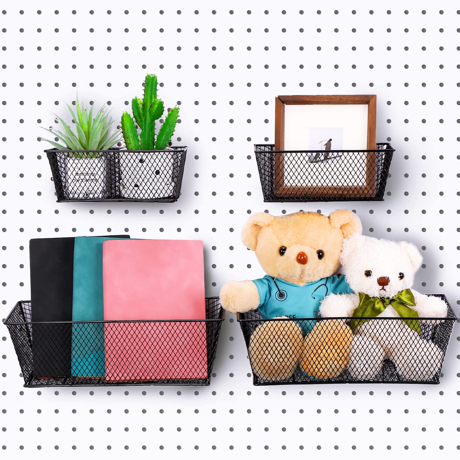 Sieral 4 Pcs Pegboard Baskets Metal Wire Shelf Baskets Peg Board Organizer Accessories Wall Mount Organizer Attachments for Garage Workbench Various Tool Accessories, 2 Sizes (Black,Large)