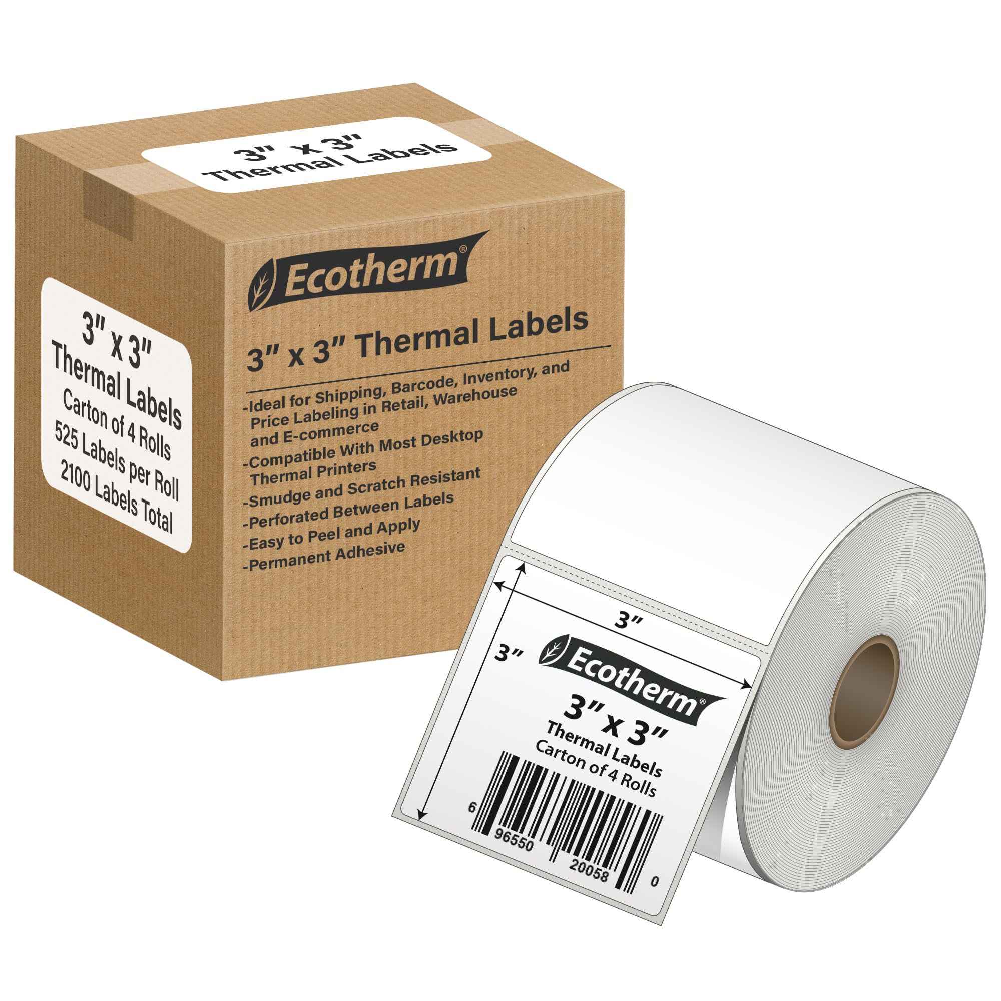 3" x 3" Thermal Labels | 4 Rolls | 2100 Labels | fits Zebra, Munbyn, Rollo, Godex, Arkscan, iDPRT, Offnova Thermal Label Printers and More | Blank