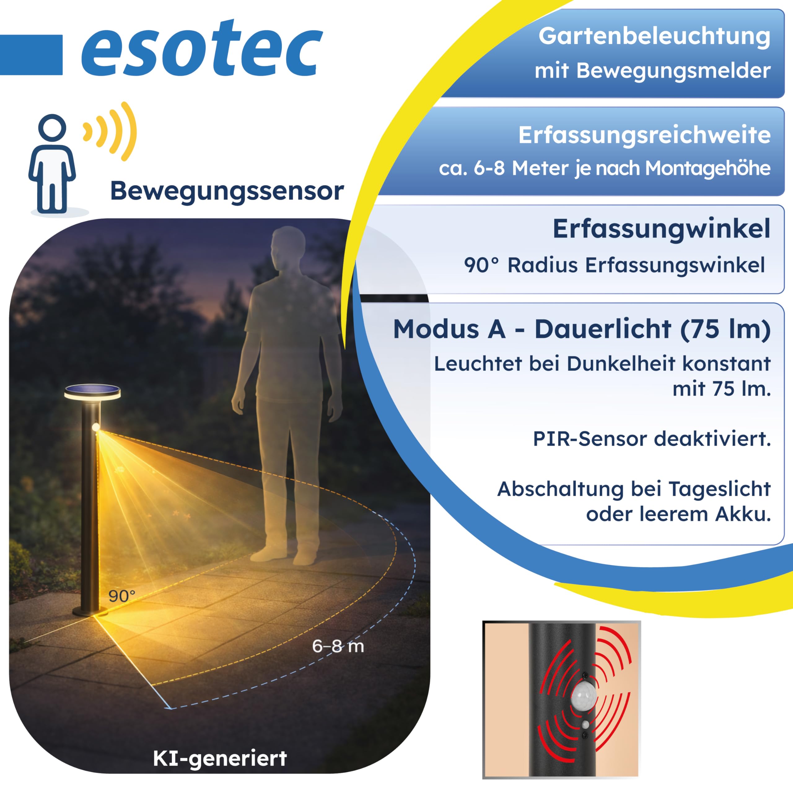 esotec Solar Wegeleuchte Mia 85 cm, Solarleuchte mit Bewegungsmelder, 600 lm, Solar Pollerleuchte mit 3 Leuchtmodi, IP44, 102593
