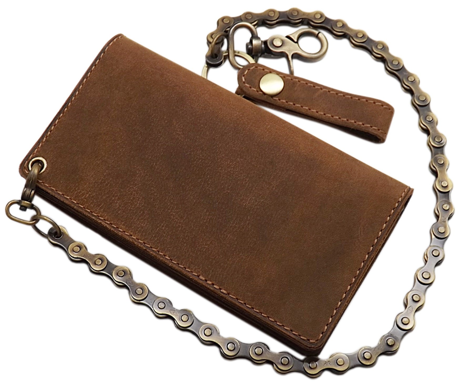 myledershop Cuero de búfalo Motero Cartera con Cadena metálica con Calavera-Motivo y Desmontable Tarjetero con Bloqueo RFID y NFC en marrón