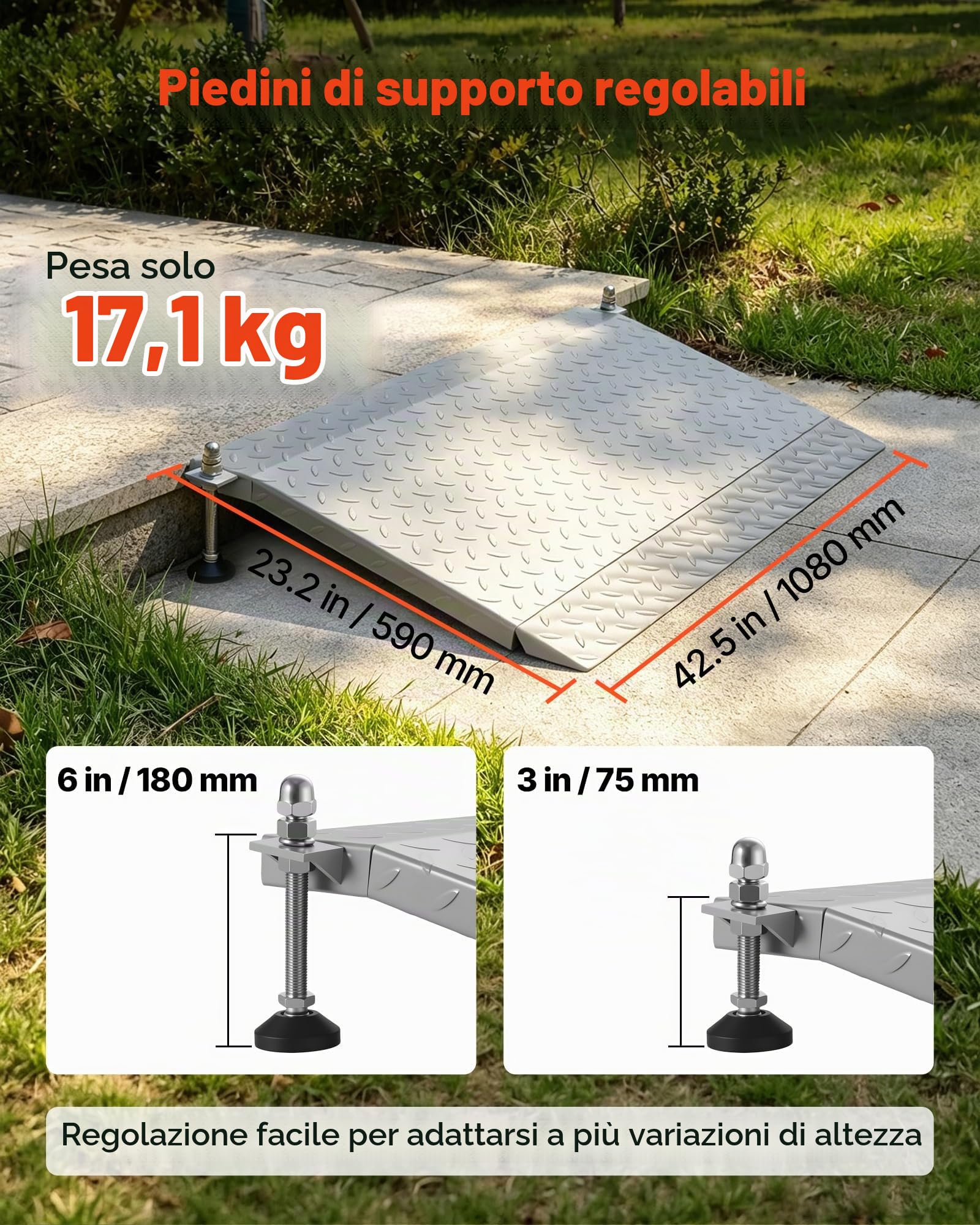 VEVOR Rampa di Soglia per Porte, 108 x 59 cm, Rampa per Sedia a Rotelle in Acciaio al Carbonio, Altezza Regolabile, Superficie Antiscivolo, Carico 453,6 kg, per Gradini, Porte e Carrelli