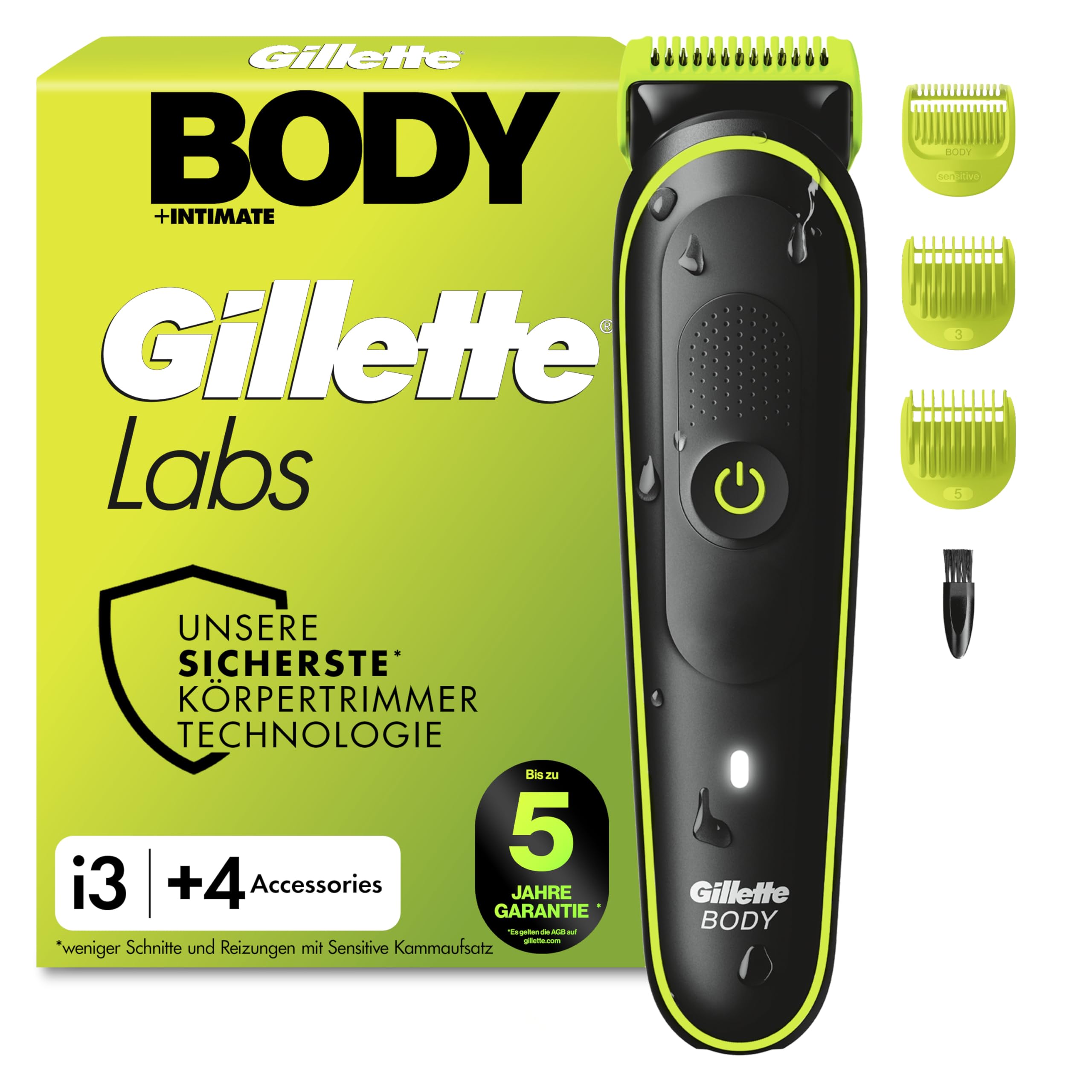 GilletteLabs i3 Body + Intimate Trimmer Herren mit SkinFirst-Technologie — Intimrasierer Mann für Körper & Intimbereich, Wasserdichte — Schwarz/Grün