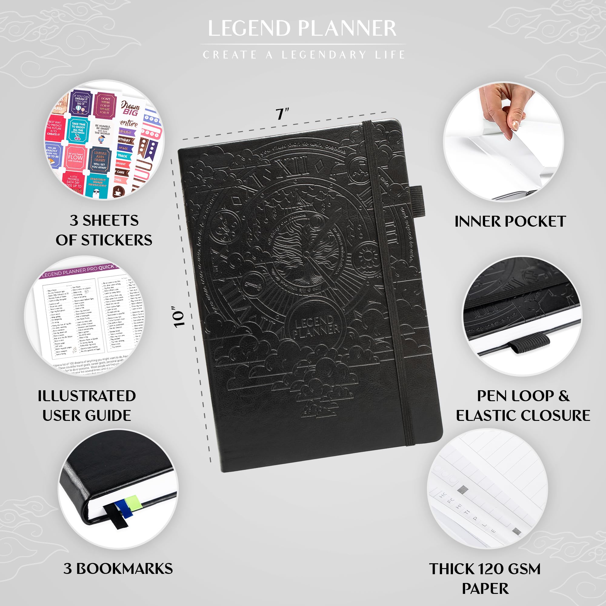 Legend Planner PRO - Agenda semanal y mensual de lujo para aumentar la productividad y alcanzar tus objetivos. Cuaderno organizador de gestión del tiempo, sin fecha, 18 x 25,5 cm, tapa dura +