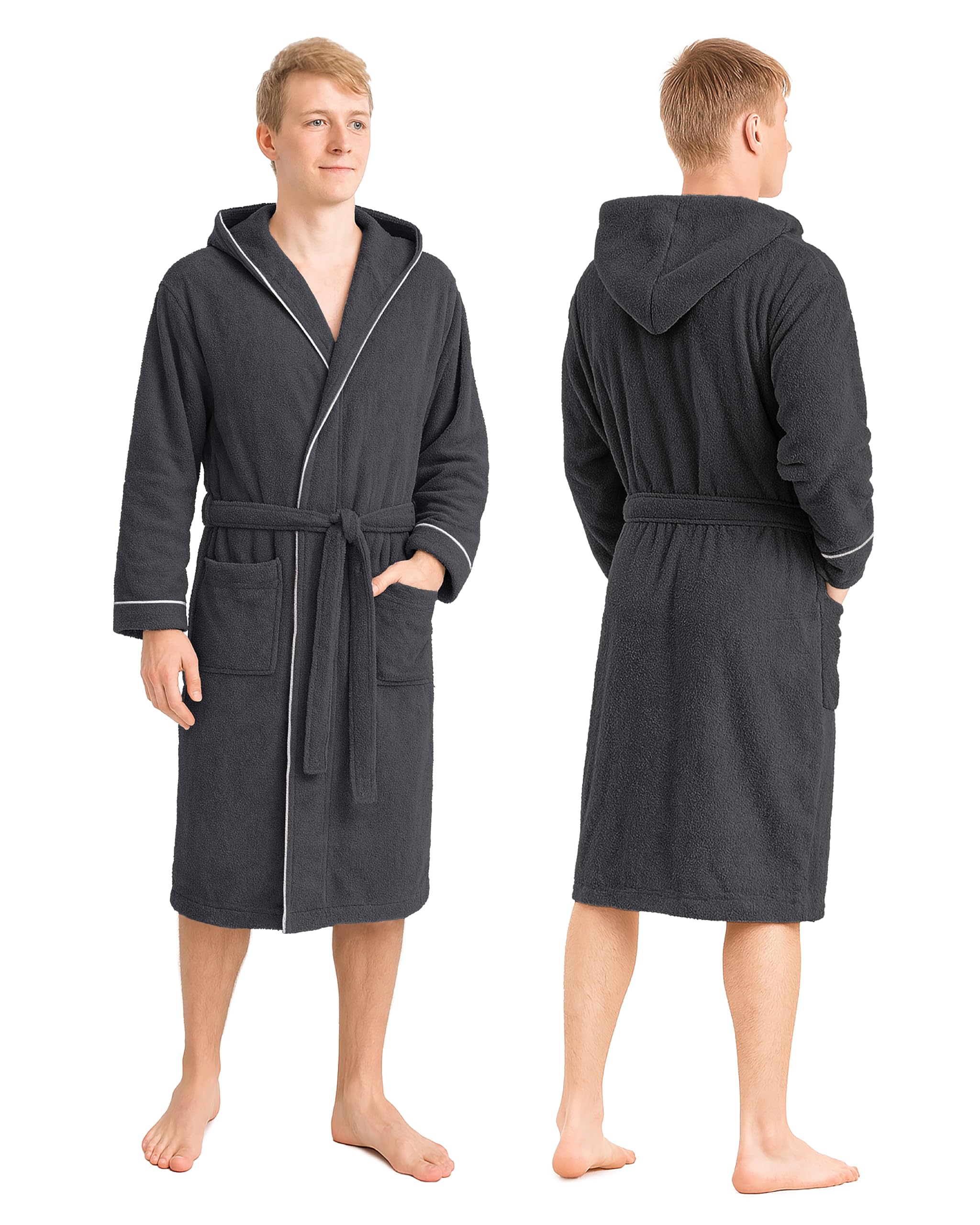 LAYNENBURG Bademantel Herren Frottee - Kapuze - Lang - 100% Baumwolle (360g/m2) - OEKO TEX Standard 100 - Größe M, L, XL, XXL, 3XL