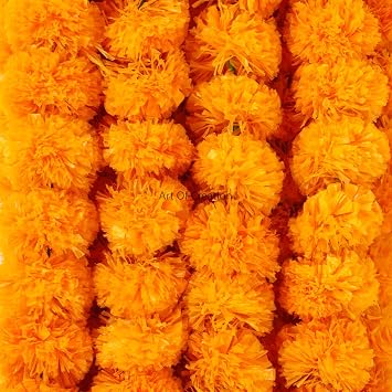 Art of Creation 20 PC - 5 feet Marigold Garland Flower Indian American Wedding Party Mantle Decoration Garlands Wedding Garland, Diwali Decoration Flowers, Spring Bush Floral Toran Phool Mala Orange