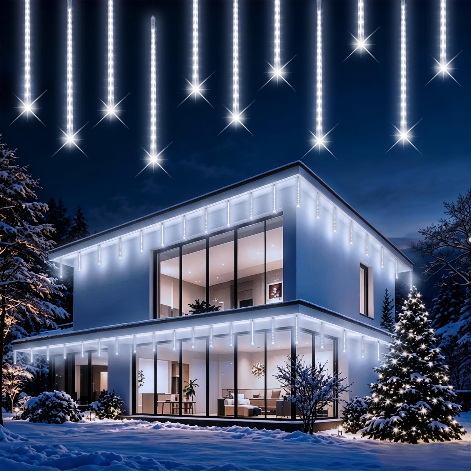 Weihnachtsbeleuchtung Außen,576 LED 16 Röhren je 40 CM Eiszapfen Lichterkette Außen,Wasserdichte Fallende Regen Lichter mit Haken für Weihnachtsdekoration Party Festival,Weihnachtsdeko Aussen Weiß