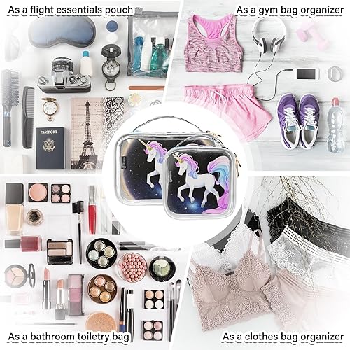 Miniatura 7 de Unicorn Universe - Neceser transparente para viajar, paquete de 2 bolsas de cosméticos de maquillaje con cremallera, bolsa de viaje para artículos