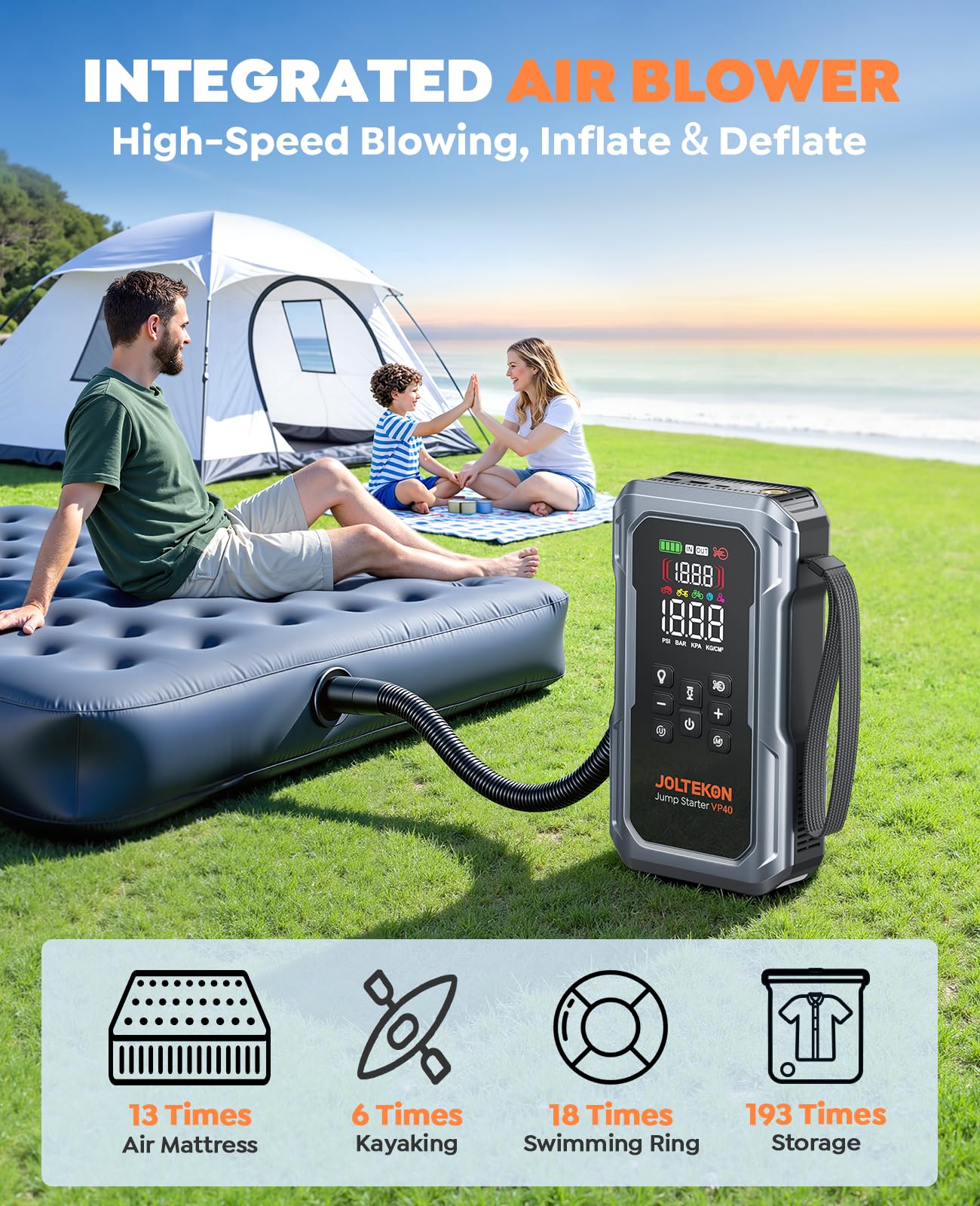 6000A 160PSI Car Battery Booster Jump Starter with Air Compressor and Air Blower (All Gas/10L Diesel), Portable Car Battery Booster Pack, Safe Durable Jump Box with 800 Lumen Light/18W Fast Charge - 5