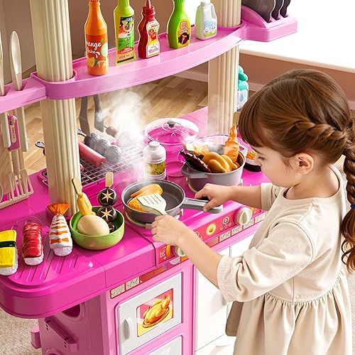 Miniatura 3 de Juego de cocina para niños, juego de cocina 2 en 1 con sonido y luz, fregadero de paly con 60 piezas de juguete de comida y accesorios de cocina,