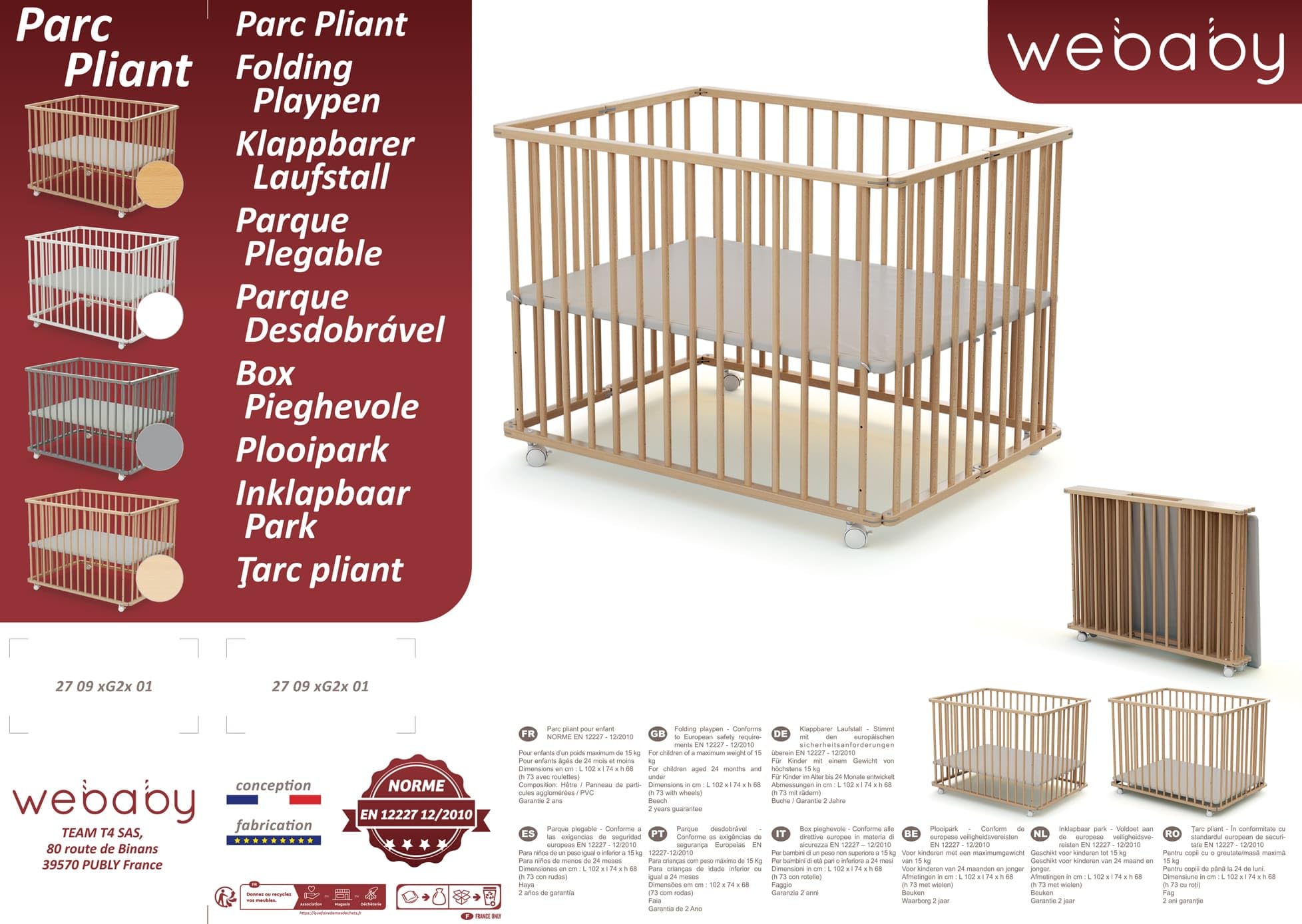 WEBABY - Box bambini pieghevole legno con ruote - Bianco - 70 x 100 cm