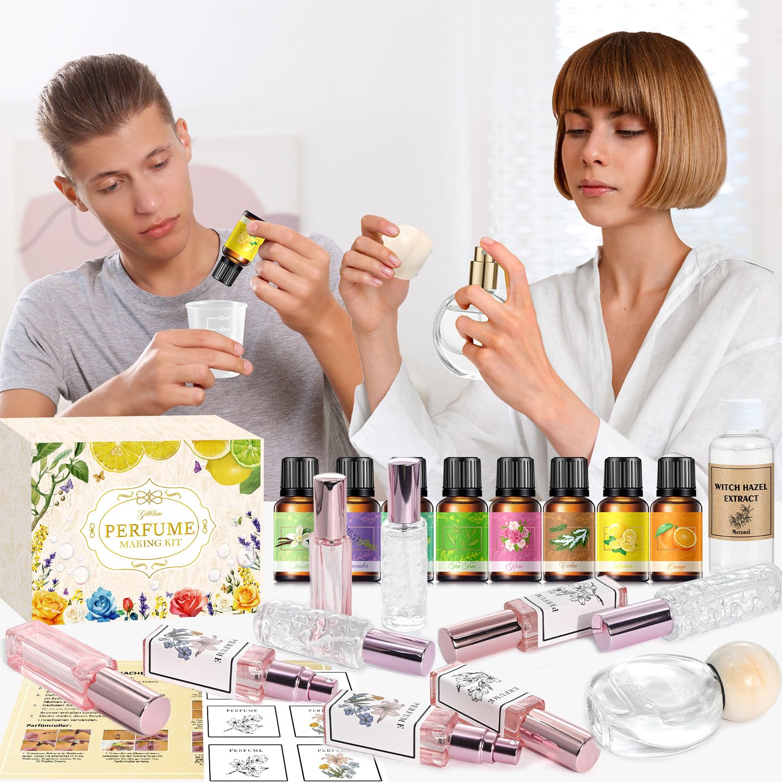Parfüm Selber Machen Set, Damen Perfume Oil Making Kit, Kreative Bastelset Erwachsene DIY mit Ätherisches Öl, Langlebiges Mini Düfte als Geschenk für Frauen/Mädchen/Männer