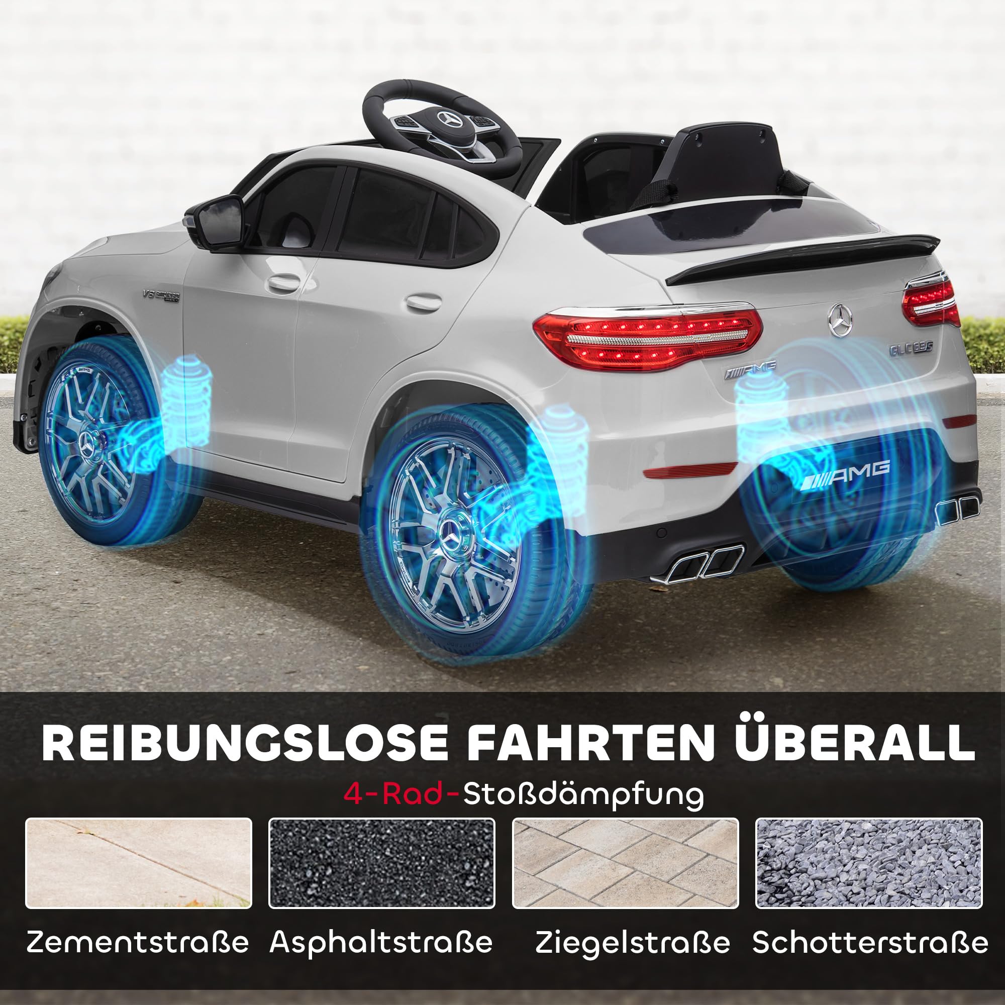 HOMCOM Kinderfahrzeug 12V Mercedes-Benz AMG GLC63S Coupe Weiß | Elektroauto mit Fernbedienung Sicherheitsgurt 2 x 35W Motoren MP3 37-60 Monate Schwarz 115 x 70 x 55 cm