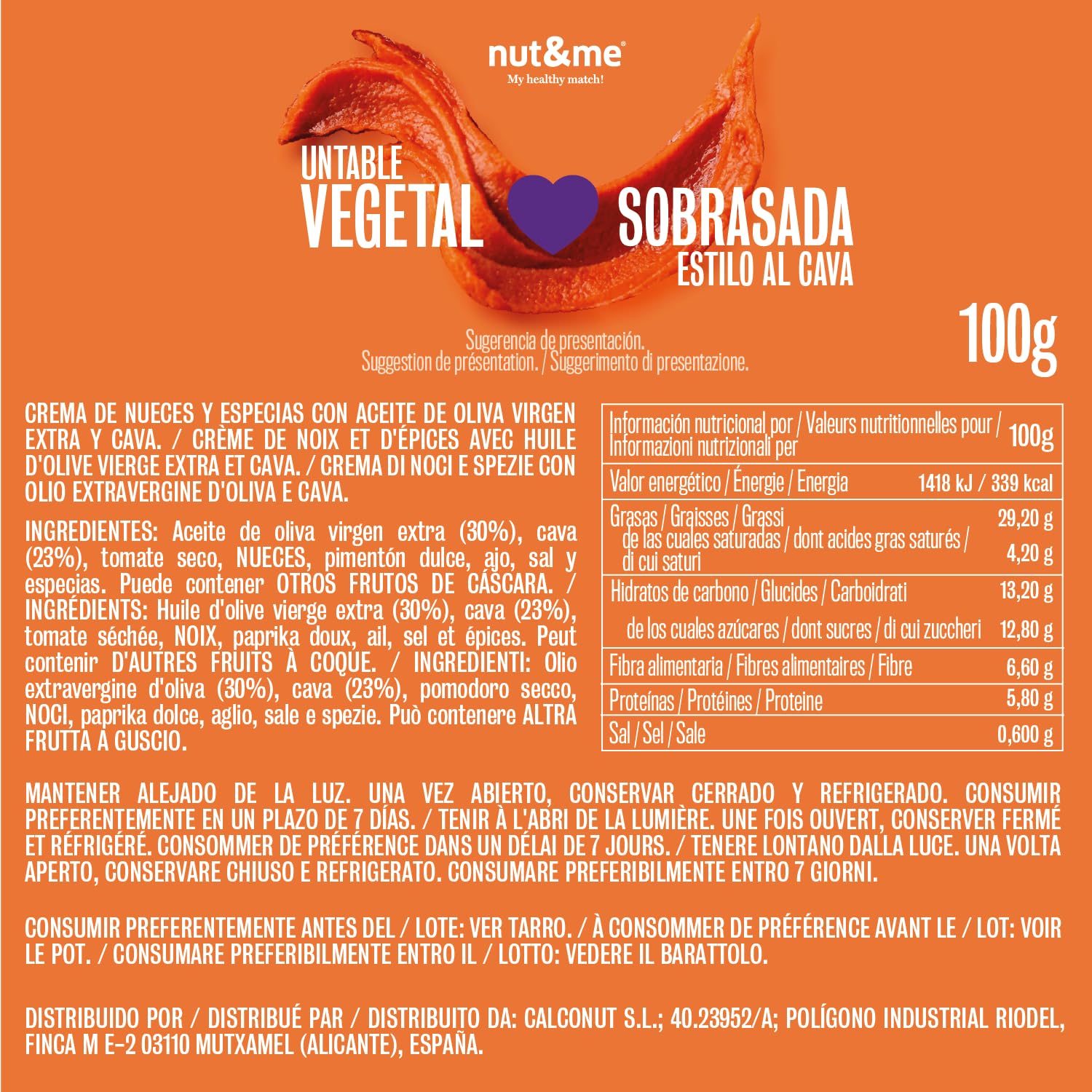 Nut&me Paté Vegetal Estilo Sobrasada al Cava 200g Vegano Alto en Fibra Sin Gluten Sin Lactosa Pack 2x100g