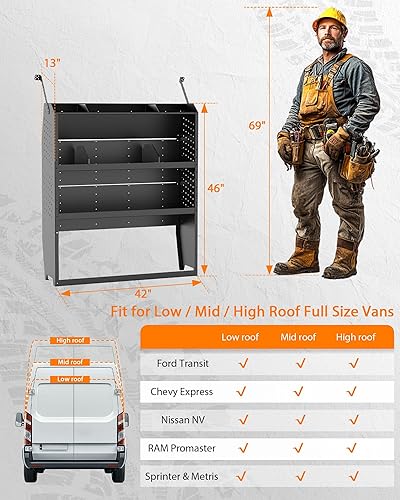 Miniatura 8 de MELIPRON Sistema de almacenamiento de estantería de acero para camioneta de carga para Ford Transit, GM, NV, Promaster, Sprinter y Metris estantería