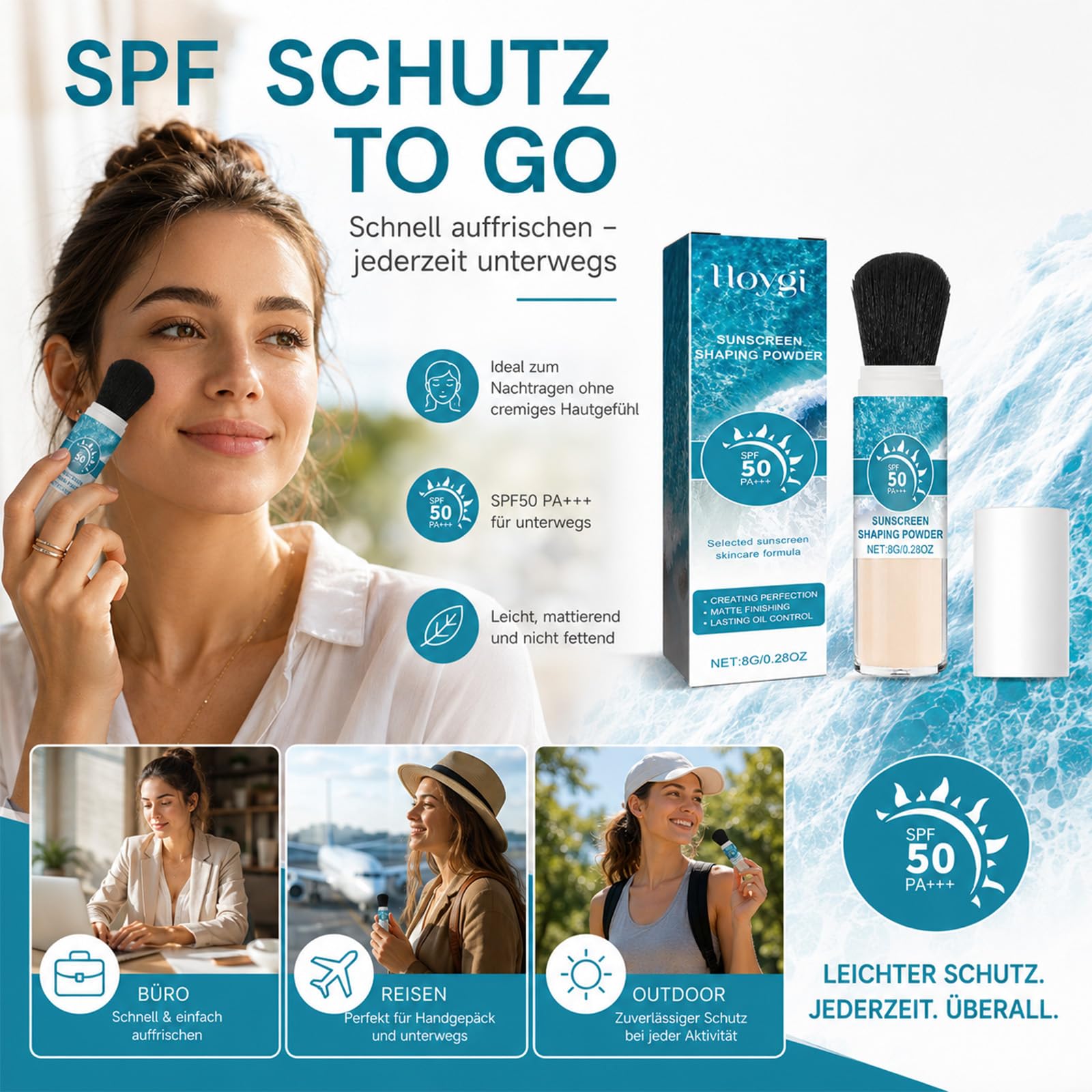 EONFAVE Puder Przeciwsłoneczny SPF50 PA+++ Ze Współczynnikiem Ochrony Przeciwslonecznej Do Twarzy Z Pędzlem Matujący Puder Utrwalający Z Olejem Kontrolnym W Podróży