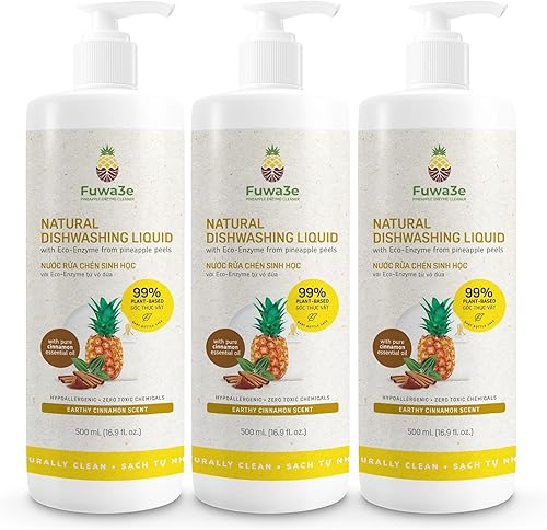 Fuwa3e - Jabón natural para platos con enzima de piña, aroma terroso a canela, paquete de 3 unidades de 16.9 onzas, 99% a base de plantas, jabón