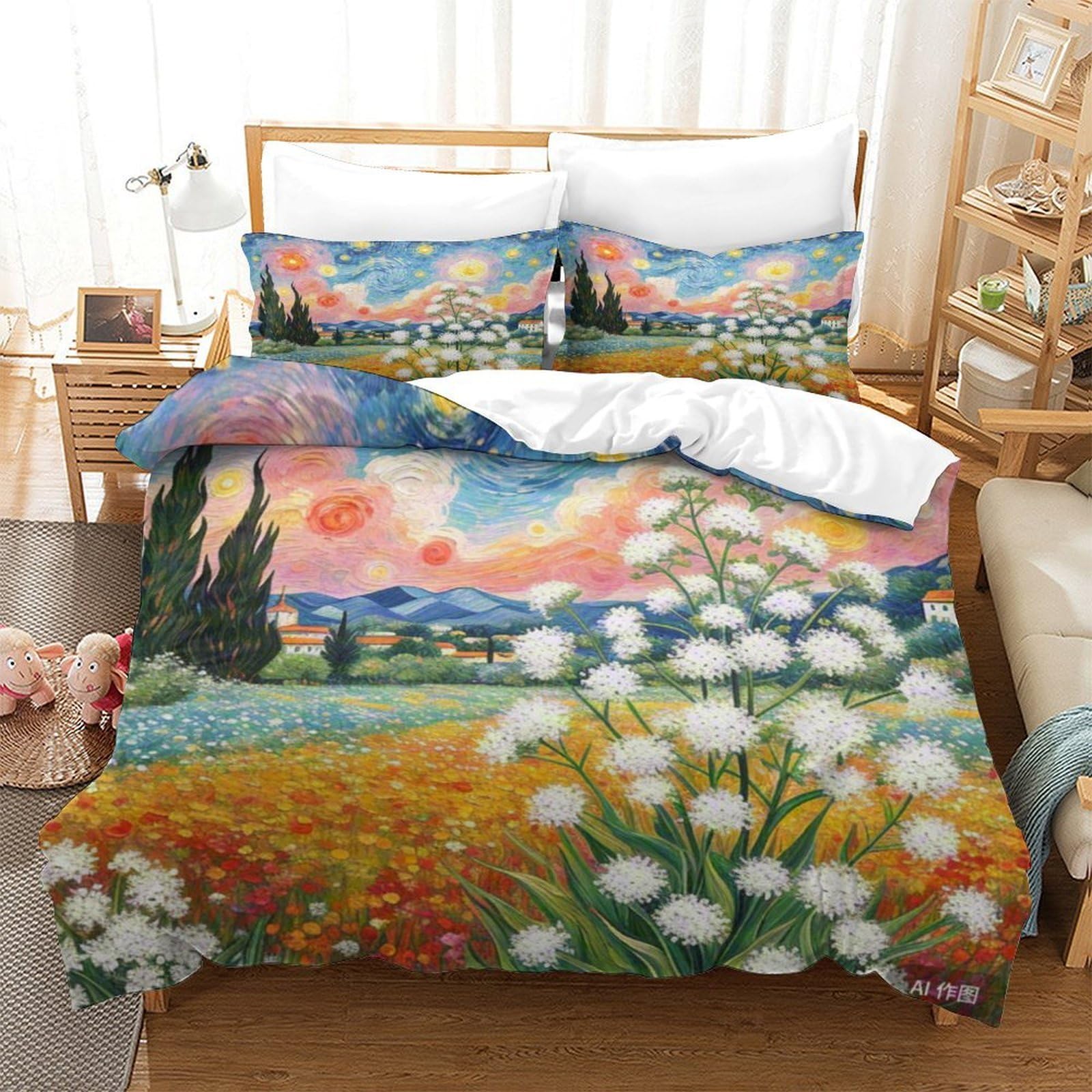 Parure de lit microfibre douce imprimée gypsophile 3D finition premium 260x220cm