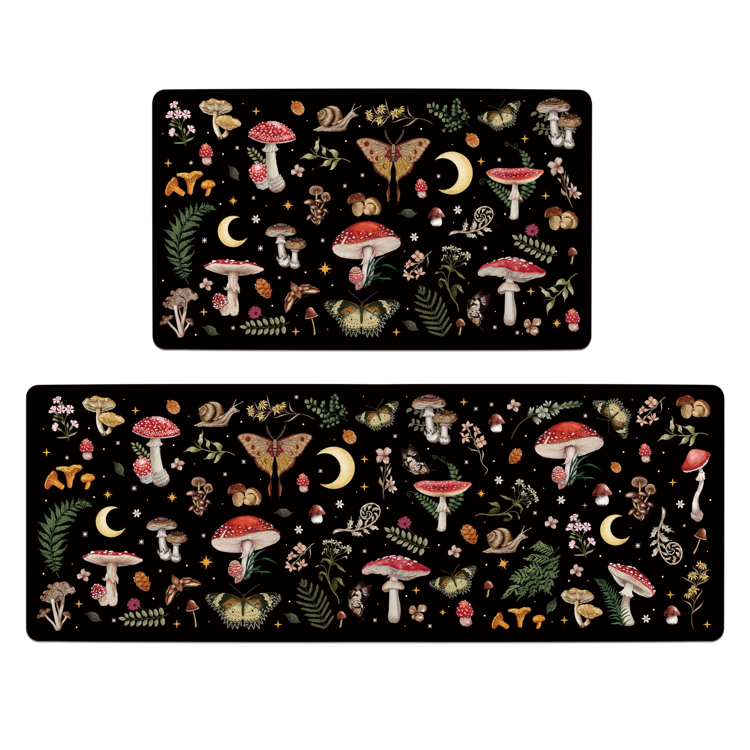 FNLNDO Mushroom Butterfly Kitchen Rugs Sets of 2 Mushroom Kitchen Decor Anti Fatigue Cushioned Floor Mats Non Skid Washable Comfort Standing Runner Mat for Home Sink (Black, 17.5