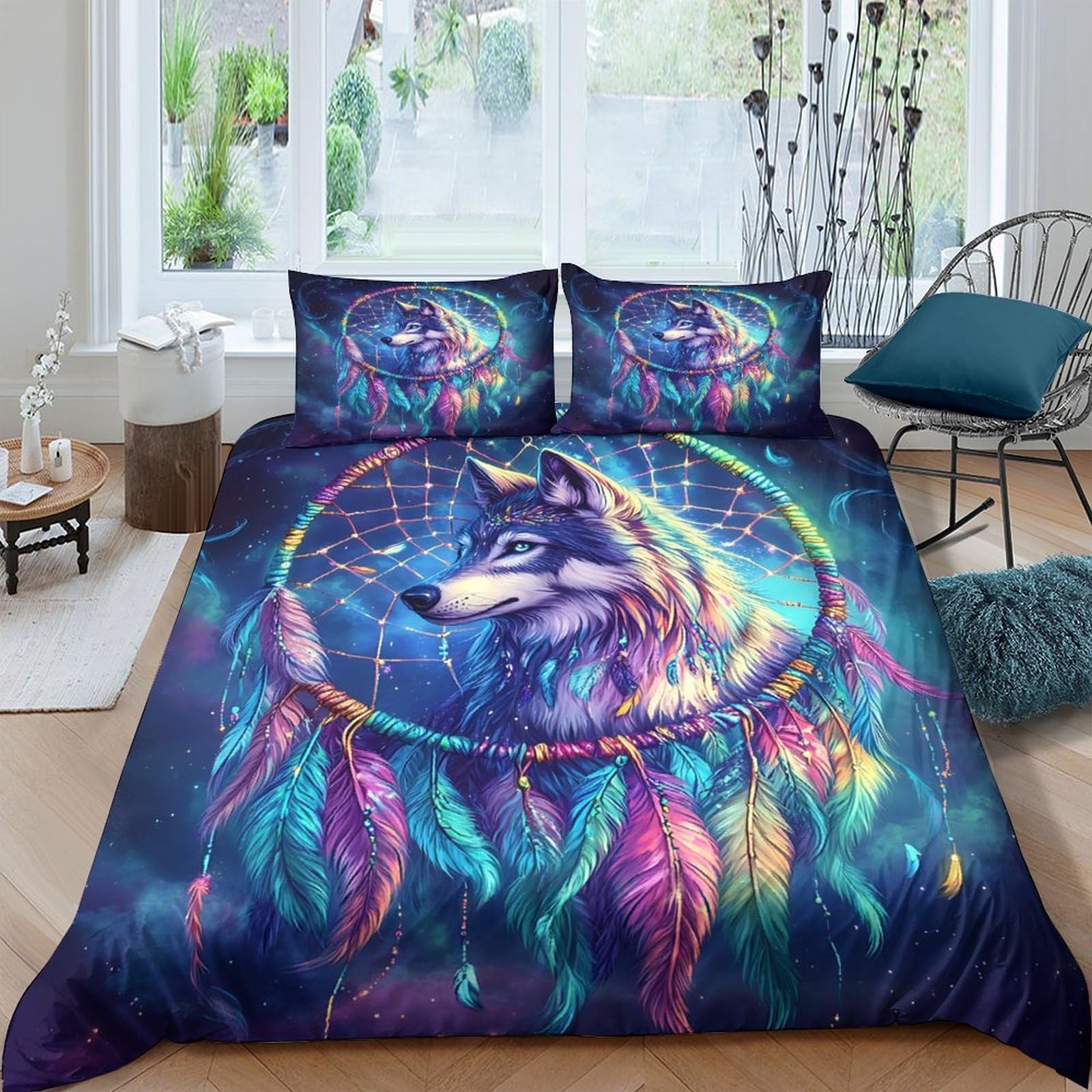 Ctjqhvkz Style-2 3D Printed Wolf Dreamcatcher Fitted Sheet Microfiber Soft Breathable Colorful Feather Bed Cover For Bedroom Dorm Mattress Protection Decor Single（135X200cm）