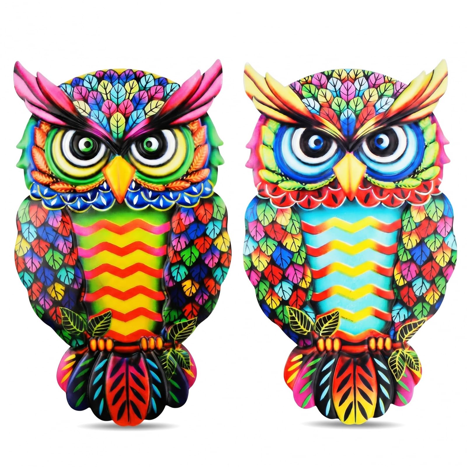 Merzio 2 Pack Metal Owl Wall Art Decor, Colorful Garden Wall Ornaments, 3D Wrought Iron Outdoor Fence Decorations for Patio, Porch, Backyard and Living Room