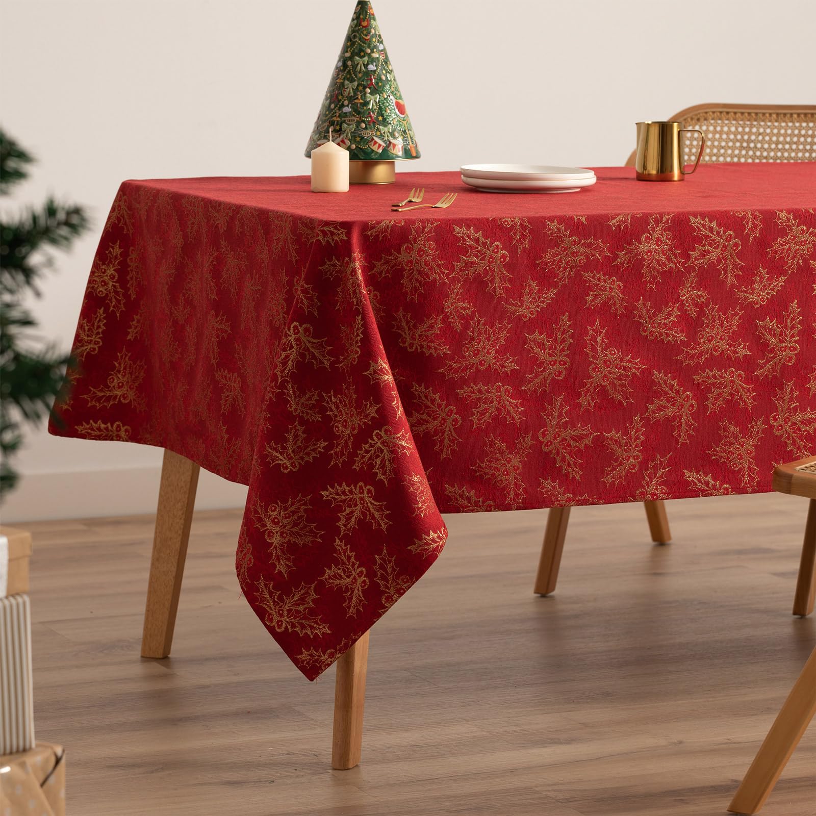 GAMUSI Tablecloth Christmas Jacquard Golden Thread Dining Table Rectangular Christmas Decoration 140 x 300 cm, Red - Image 3