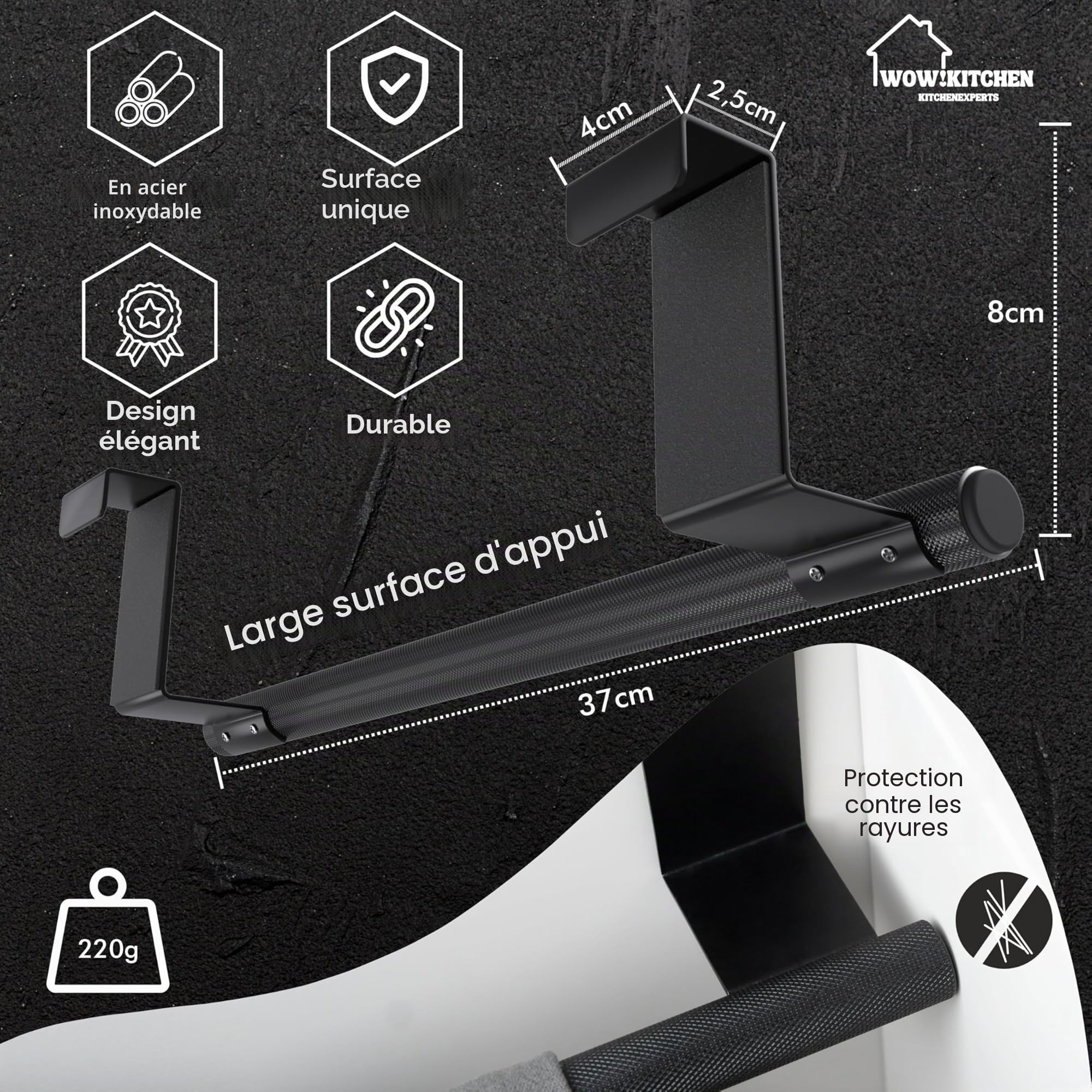 Wow!Kitchen Porte-serviettes sans perçage pour cuisine – Antidérapant et stable – Les torchons restent accrochés grâce à la surface spéciale – Pas de collage, pas de perçage – Noir