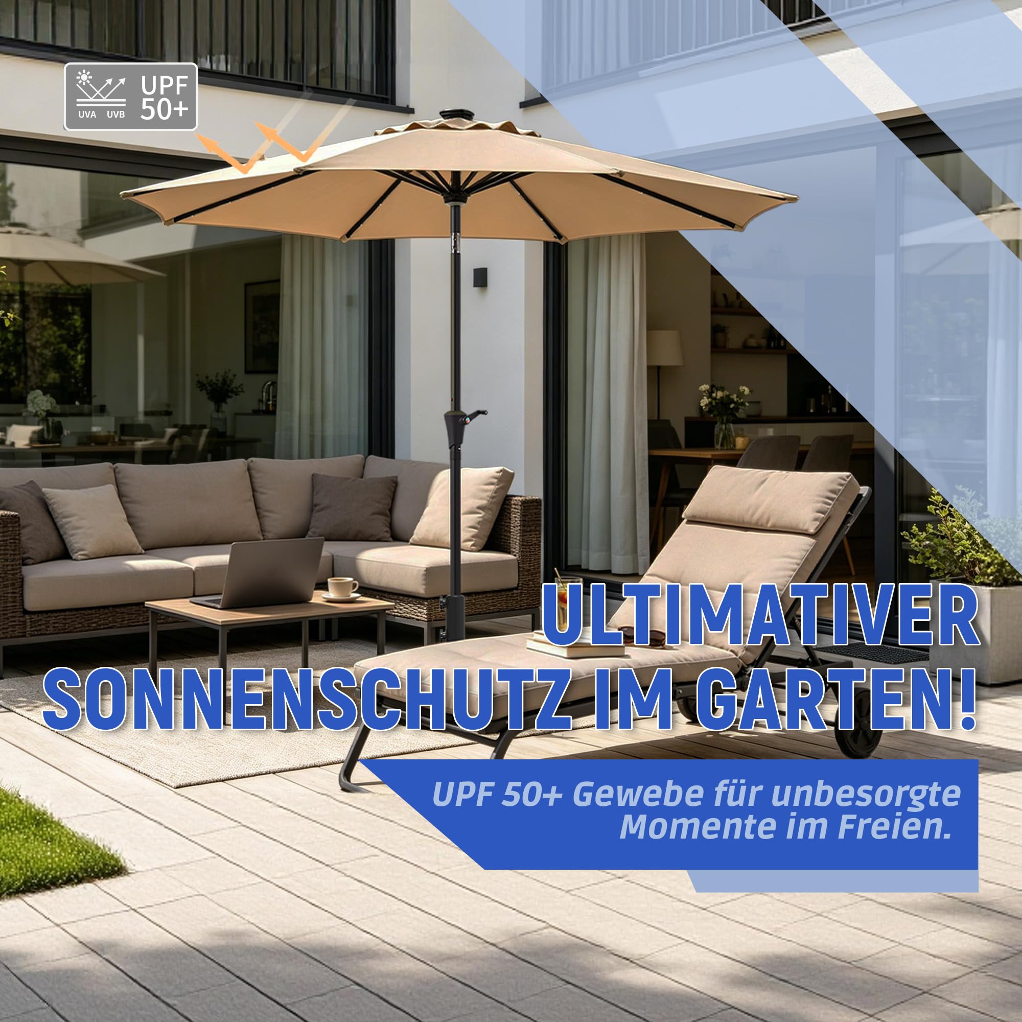 Sonnenschirm 300 cm mit LED Solar Beleuchtung, 8 Robuste Struts Terrassenschirm Knickbar, 7-Farben RGB Modus Gartenschirm mit Kurbel, UPF 50+ Wasserdicht für Balkon Pool