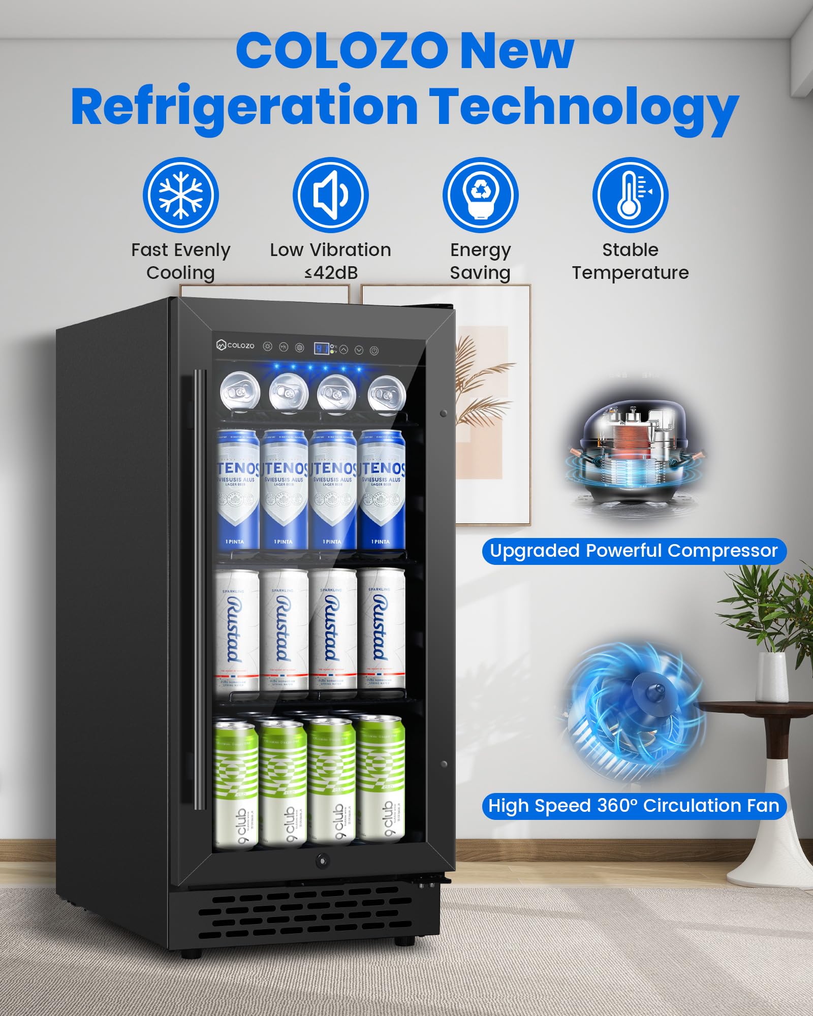 Colzer 15 Inch Black Beverage Refrigerator Under Counter, 130 Cans Built-In/Freestanding Beverage Cooler, Mini Bar Fridge With Double Tempered Glass Door&Lock, Beverage Fridge For Drink Beer Soda Wine on Fridge.com - View 5