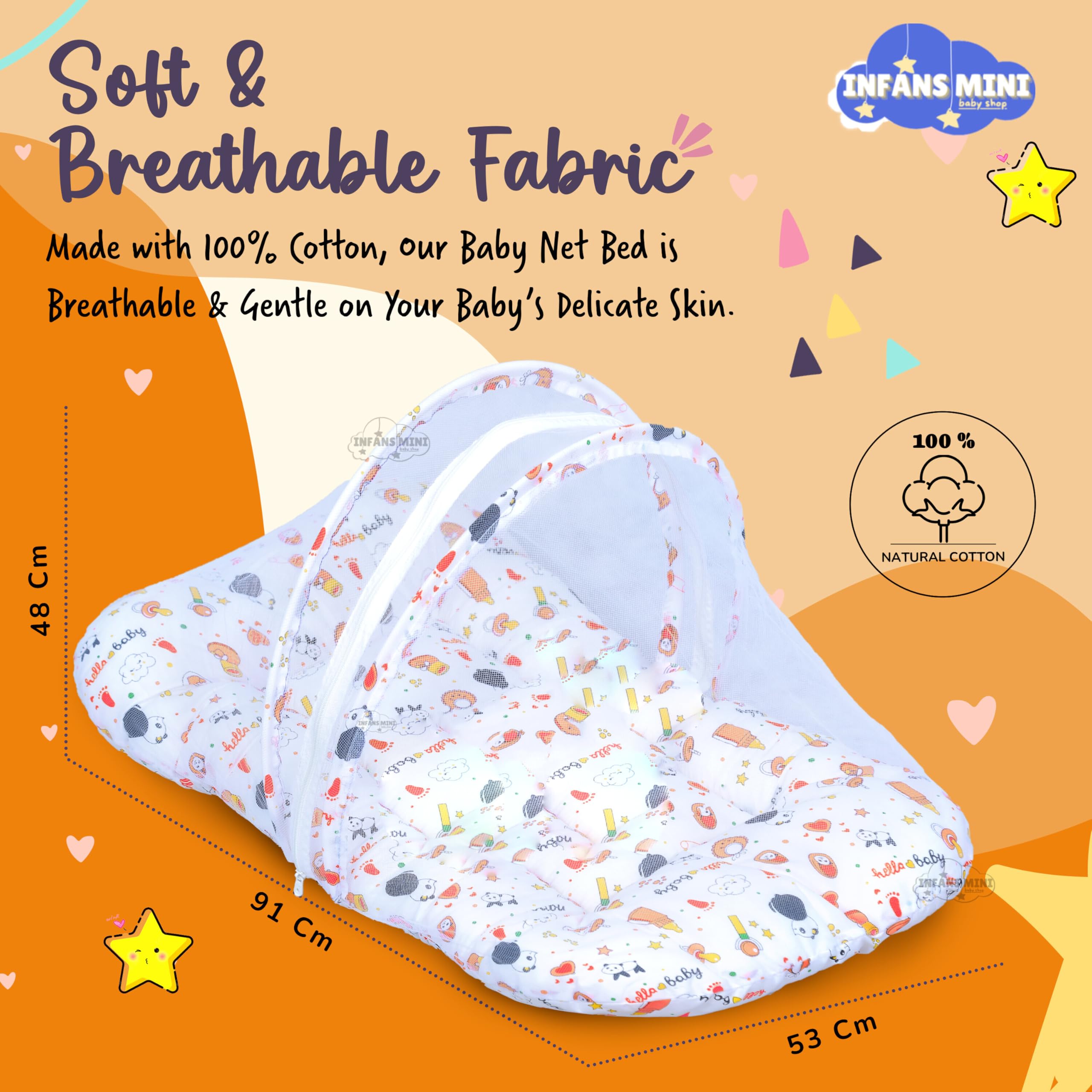 Infans Mini Baby Bedding Set, 4 Pcs Cotton Sleeping Essential|Baby Sleeping Bag|Sleeping Mattress|Mother Nursing Feeding Pillow|Mosquito Net Bed for 0-6 Months (Panda Orange) 4