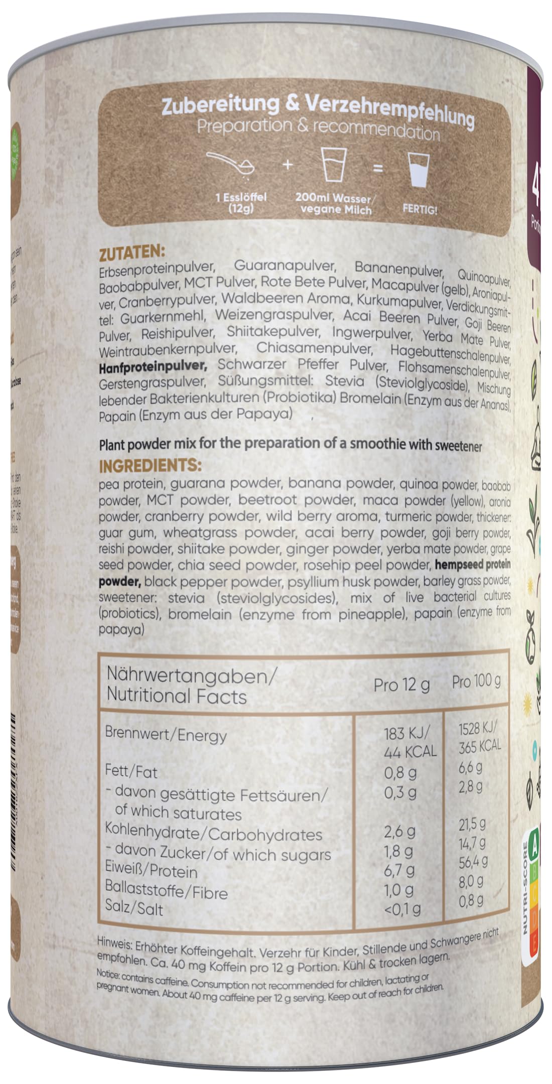 Neue Kraft | Smoothiepulver | 500g | Waldbeere-Geschmack | Über 20 rein pflanzliche Zutaten | Premiumqualität vom Bodensee | Made in Germany