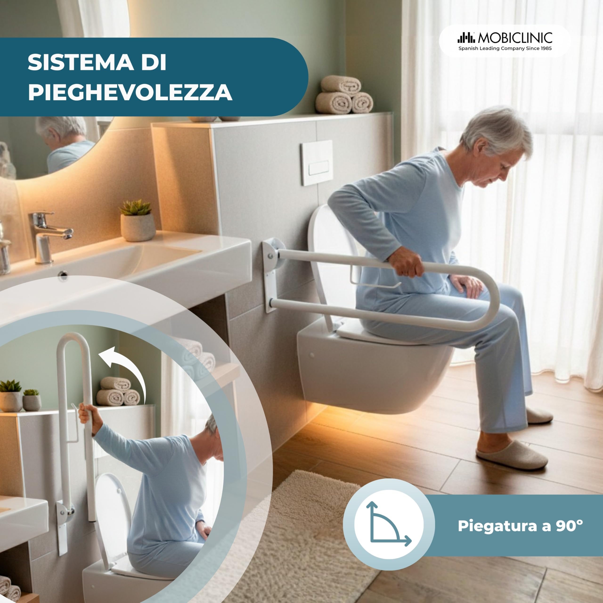 Mobiclinic, Maniglione bagno disabili, Arco, Pieghevole, Maniglia doccia anziani, Ribaltabile, Con portarotolo, Doppia wc, Maniglie di sicurezza, Ausili