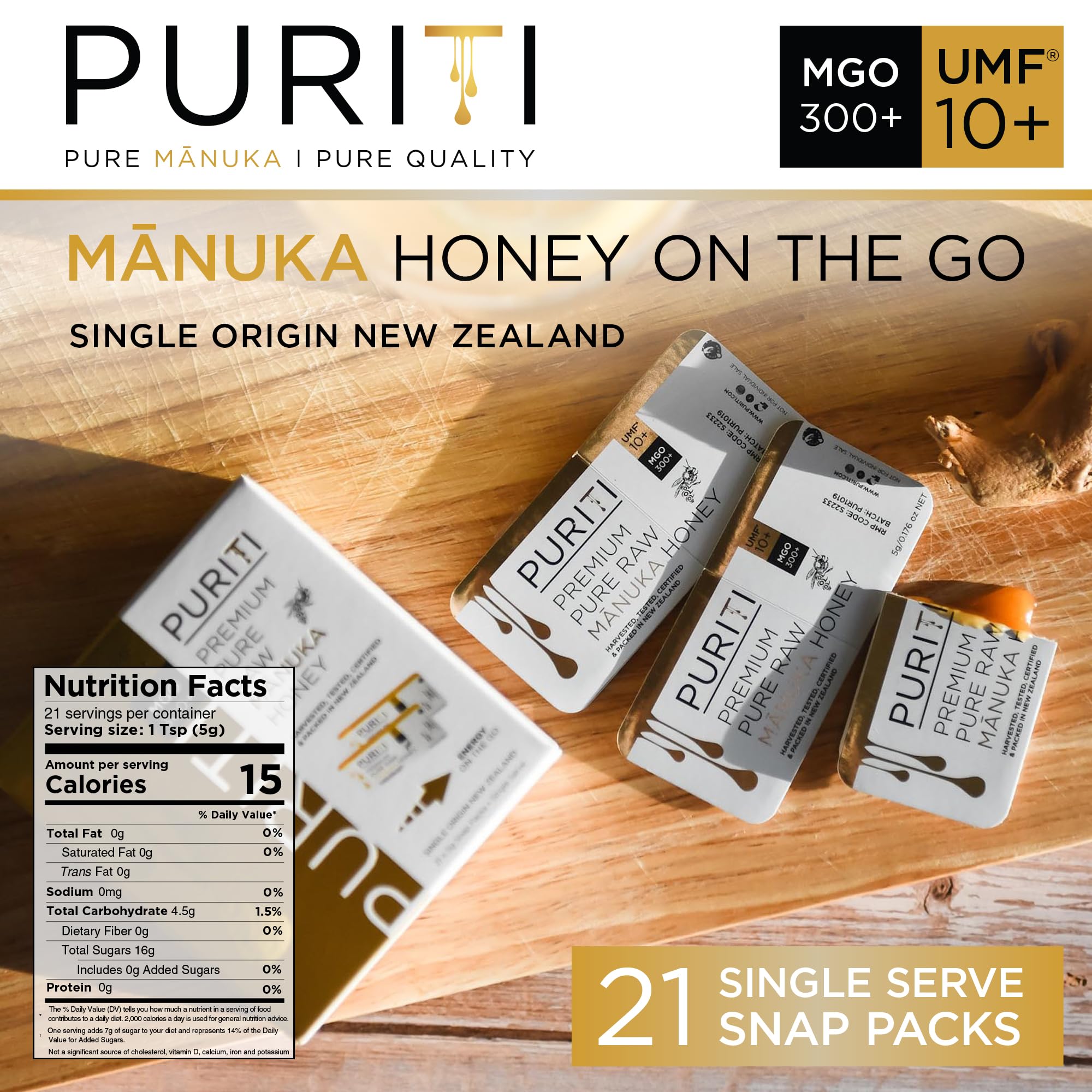 PURITI Véritable miel de Manuka brut à clipser sur le pouce – UMF 10+ (MGO300+) 21 paquets individuels de 5,1 g, bâtonnets de miel à portion unique pour le thé, les voyages et les collations