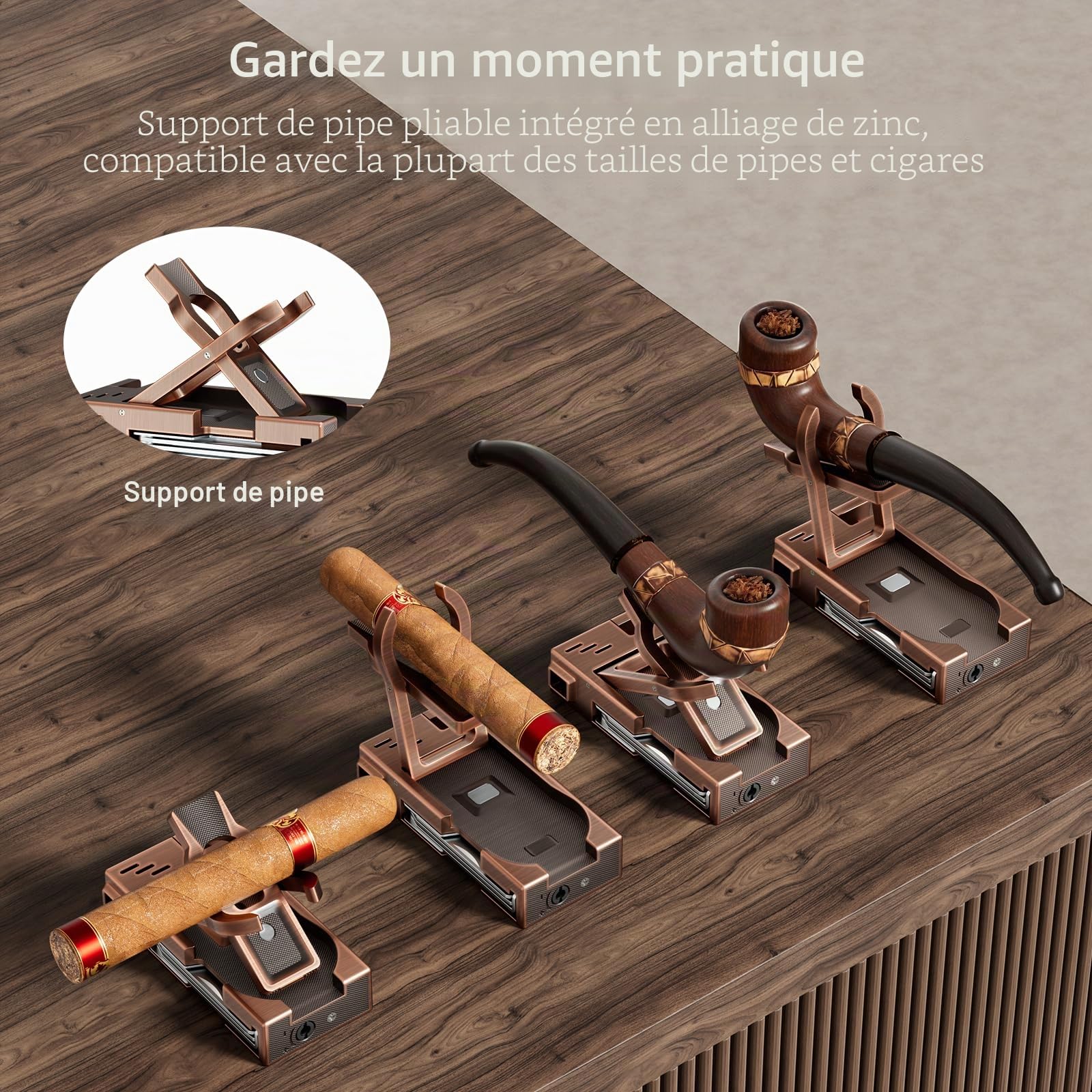Briquet à pipe avec support de tuyau, outils de nettoyage 3 en 1, briquet rechargeable au butane à flamme douce inclinée, briquet à pipe à fumée, cadeau de fête du