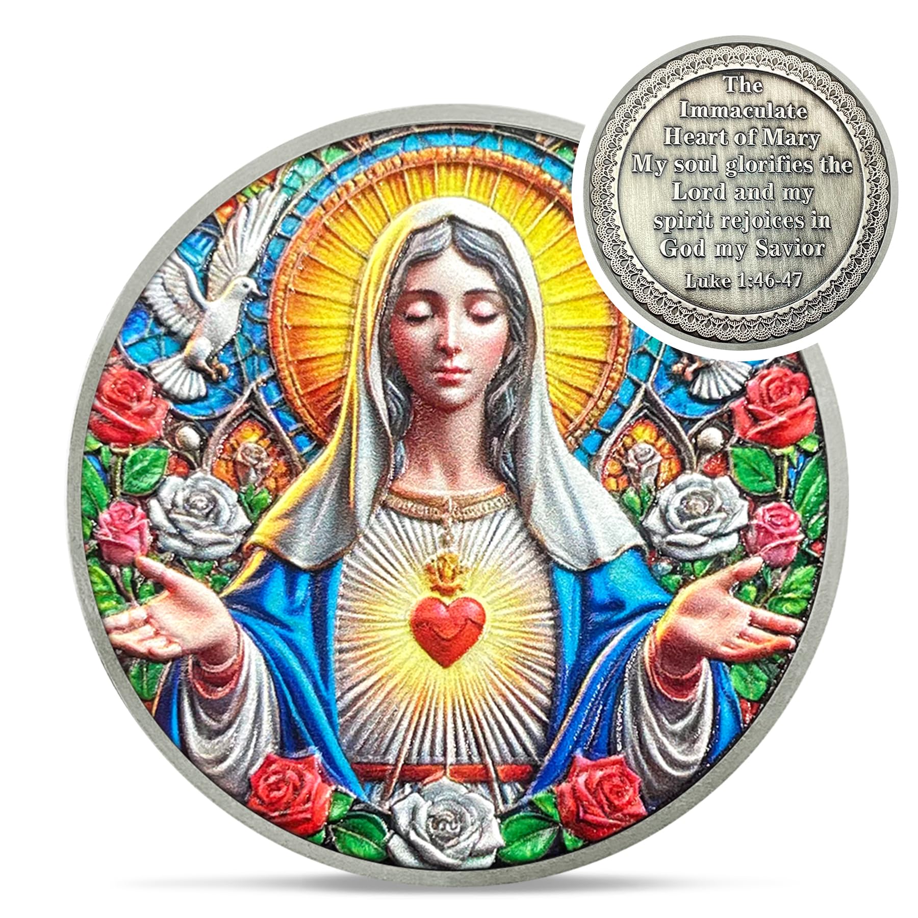 Immaculate Heart of Mary Christian Challenge Coin - Colorful Luke 1:46-47 Jesus Religious Token - Art God Pocket Bible Verses Chip for Study - Good