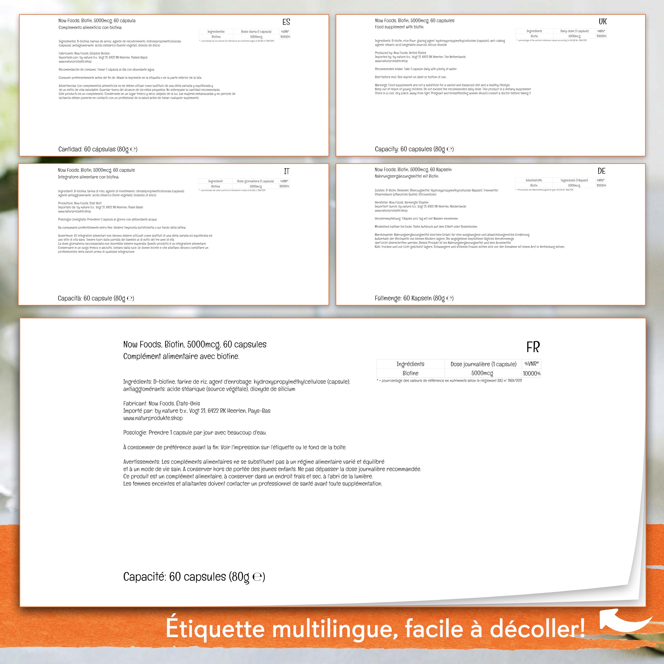 Now Foods, Biotine, 5000mcg, Vitamine B7, Haute Dosé, 60 Capsules végétaliennes, Testé en Laboratoire, Sans Gluten, Sans Soja, Végétarien, Sans OGM