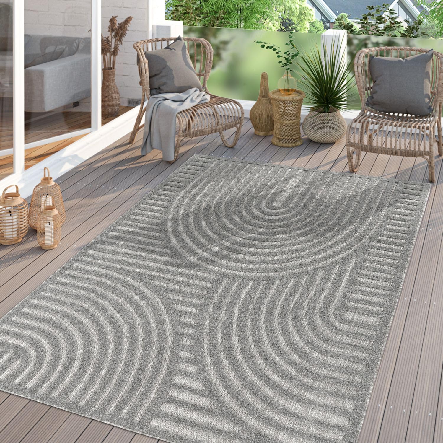 TT Home Large Outdoor Rug Patio Carpet Kitchen Rug For Garden Modern Scandinavian Bohemian High Low Effect Unicoloured, colour:Light Anthracite Grey, Size:80x150 cm