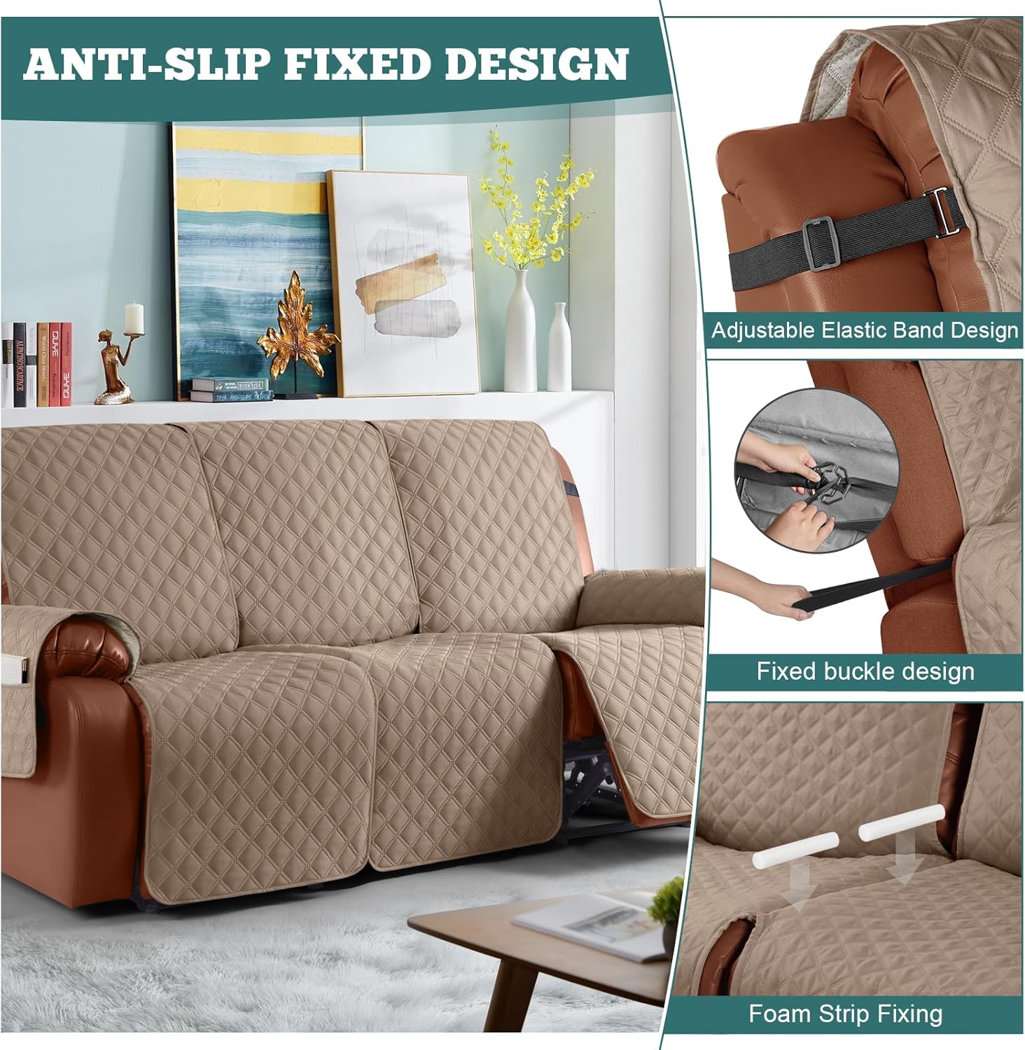 Ruaozz Waterproof Recliner Couch Covers Sofa Slipcovers Washable 1-Piece Recliner Covers Non-Slip Furniture Protector with Elastic Straps Pocket for Kids, Pets (Light Brown, 3 Seater)