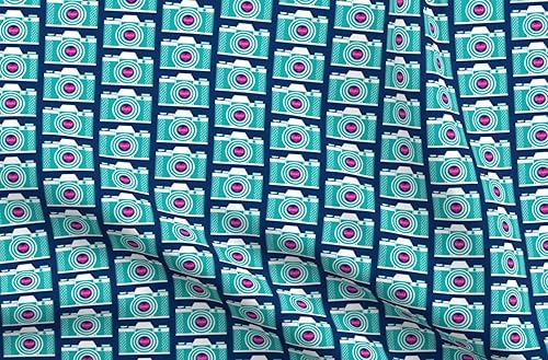 Spoonflower Fabric - Retro Camera Smile Photography Cool Vintage Summer Pink Teal Bright Printed on Petal Signature Cotton Fabric Fat Quarter -