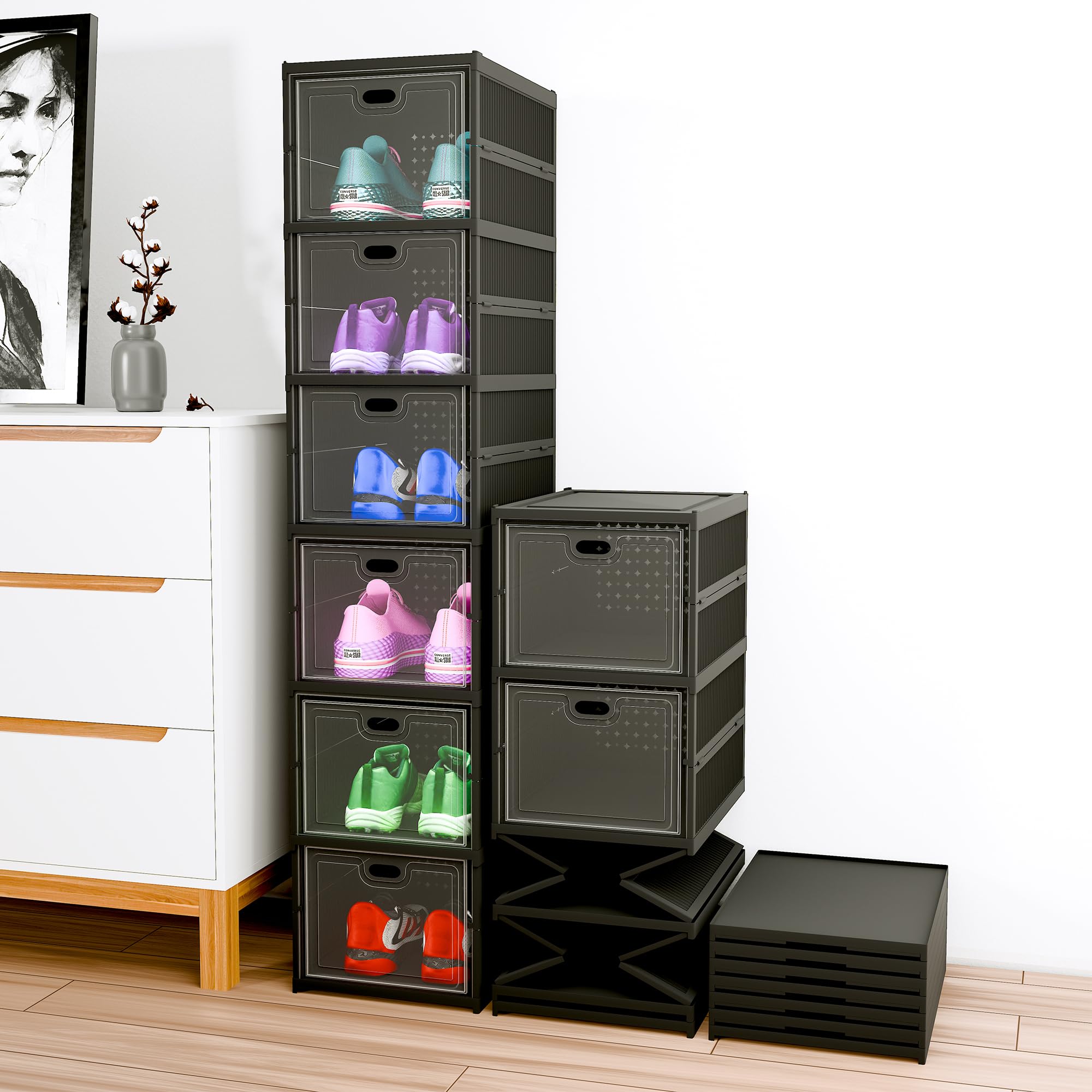 Kuber Industries Plastic 6 Layer See Through Foldable Closed Shoes Racks for Home | Shoe Boxes Storage/Sneaker Shoe Box Stand | Organizer for Wardrobe | Collapsible Shoe Rack Storage | Matte Black-image-7